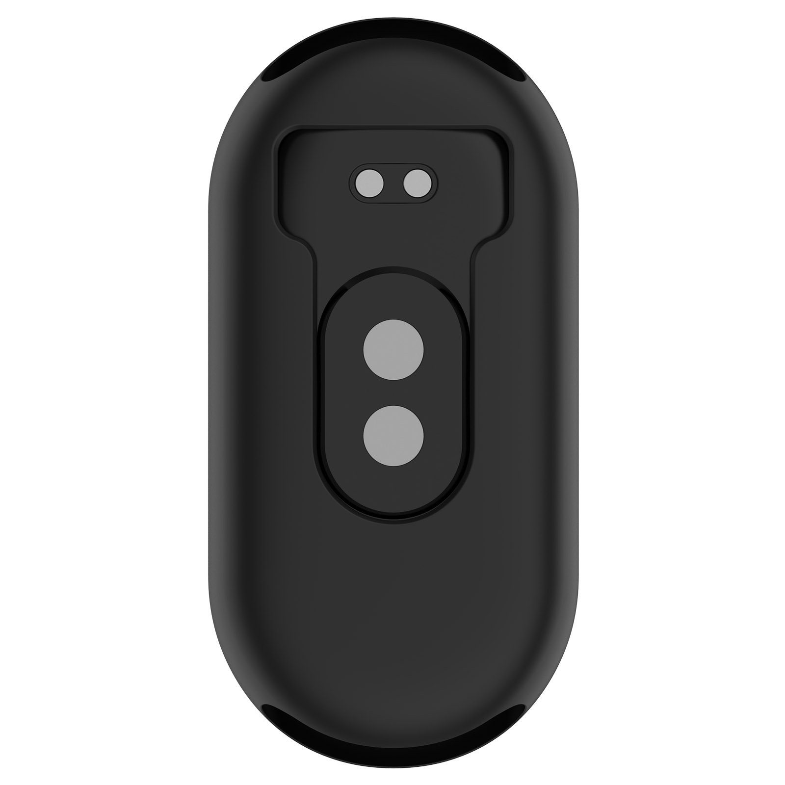 Parte inferior de un rastreador de fitness negro. Tiene dos pares de sensores circulares, superior e inferior, en un cuerpo ovalado.