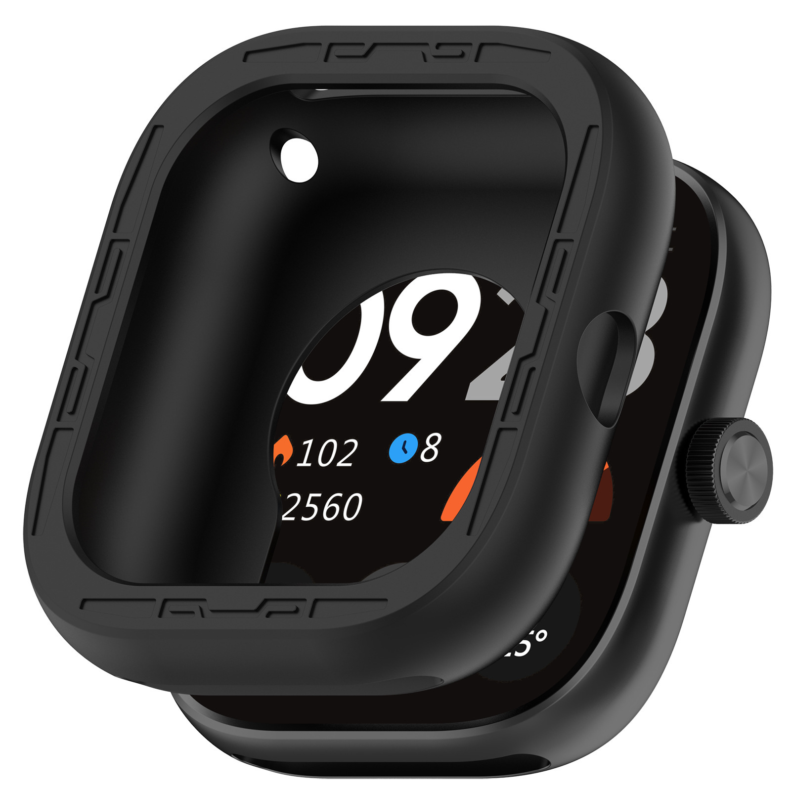 Czarny smartwatch z etui ochronnym. Ekran wyświetla białe cyfry i pomarańczowe/niebieskie ikony. Etui ma przycisk i otwór.
