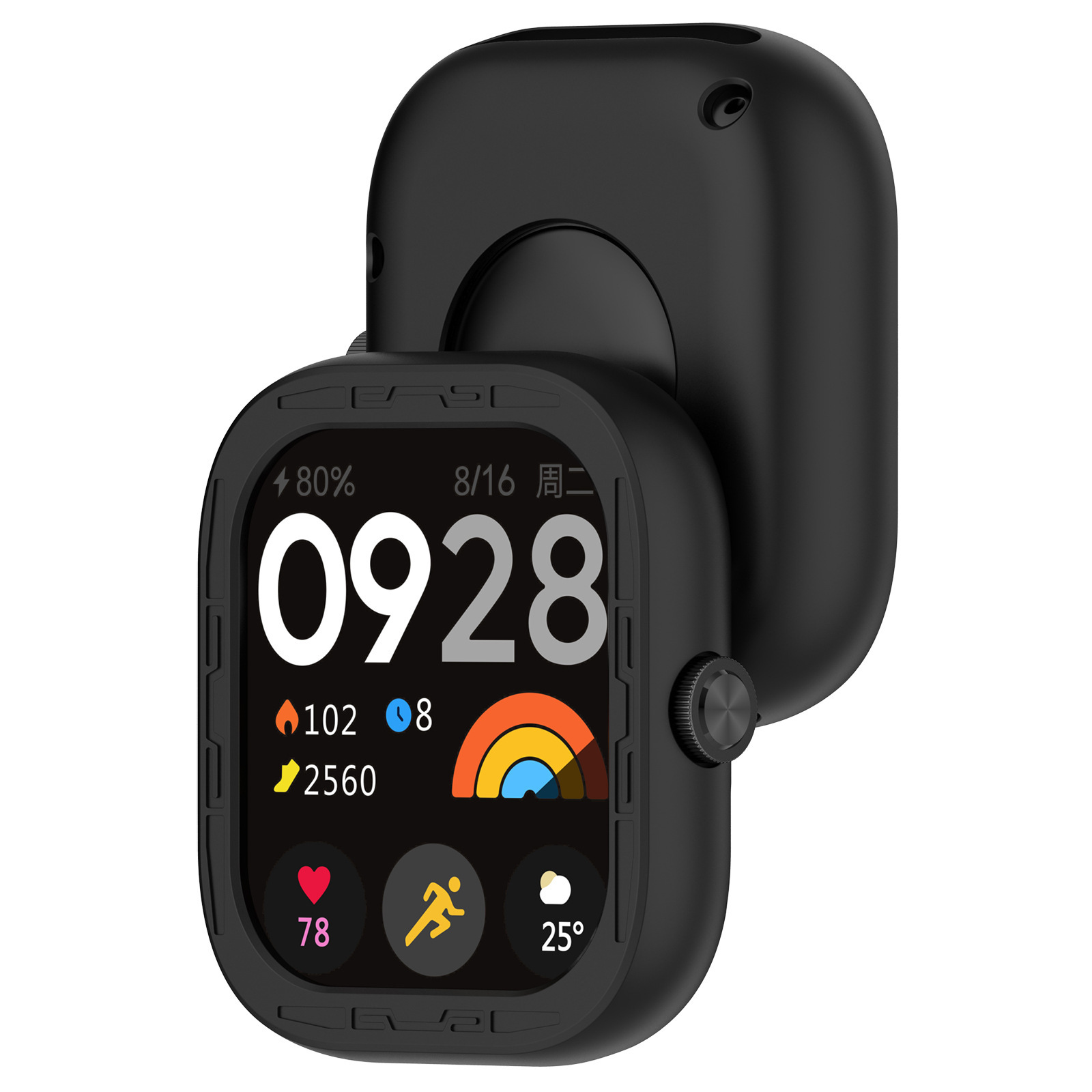 Czarny smartwatch z wyświetlaczem pokazującym godzinę, dane zdrowotne i datę. Z tyłu drugi czarny element.