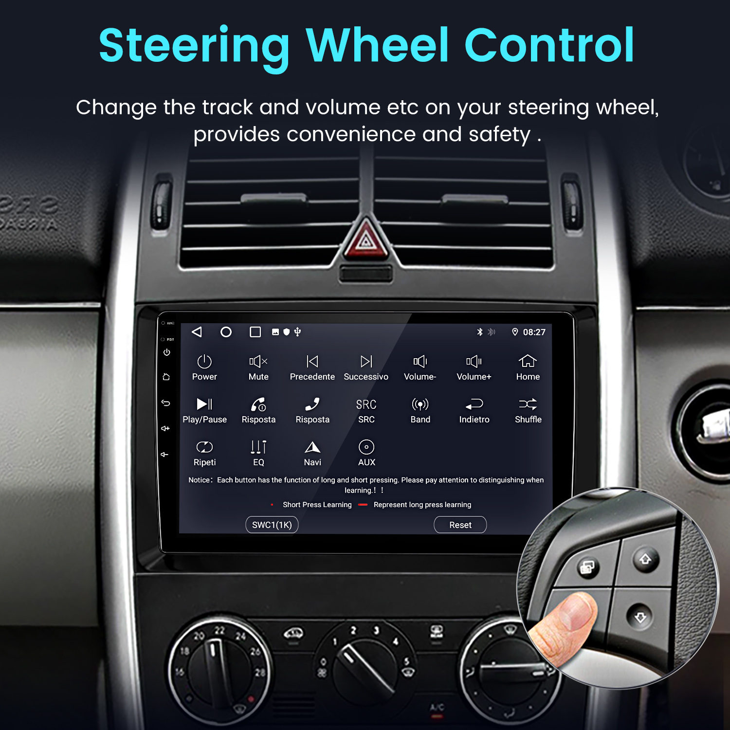 Interfejs radia samochodowego. Zawiera ekran z przyciskami sterującymi, elementy sterowania kierownicą i dłoń naciskającą przycisk.