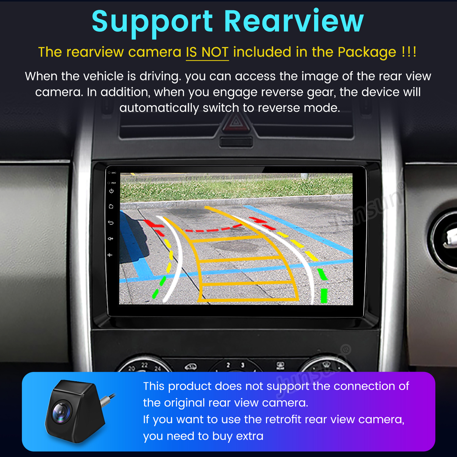 Ekran deski rozdzielczej samochodu pokazujący widok z kamery cofania z kolorowymi liniami. Mały obraz kamery na dole. Tekst wyjaśnia funkcje.