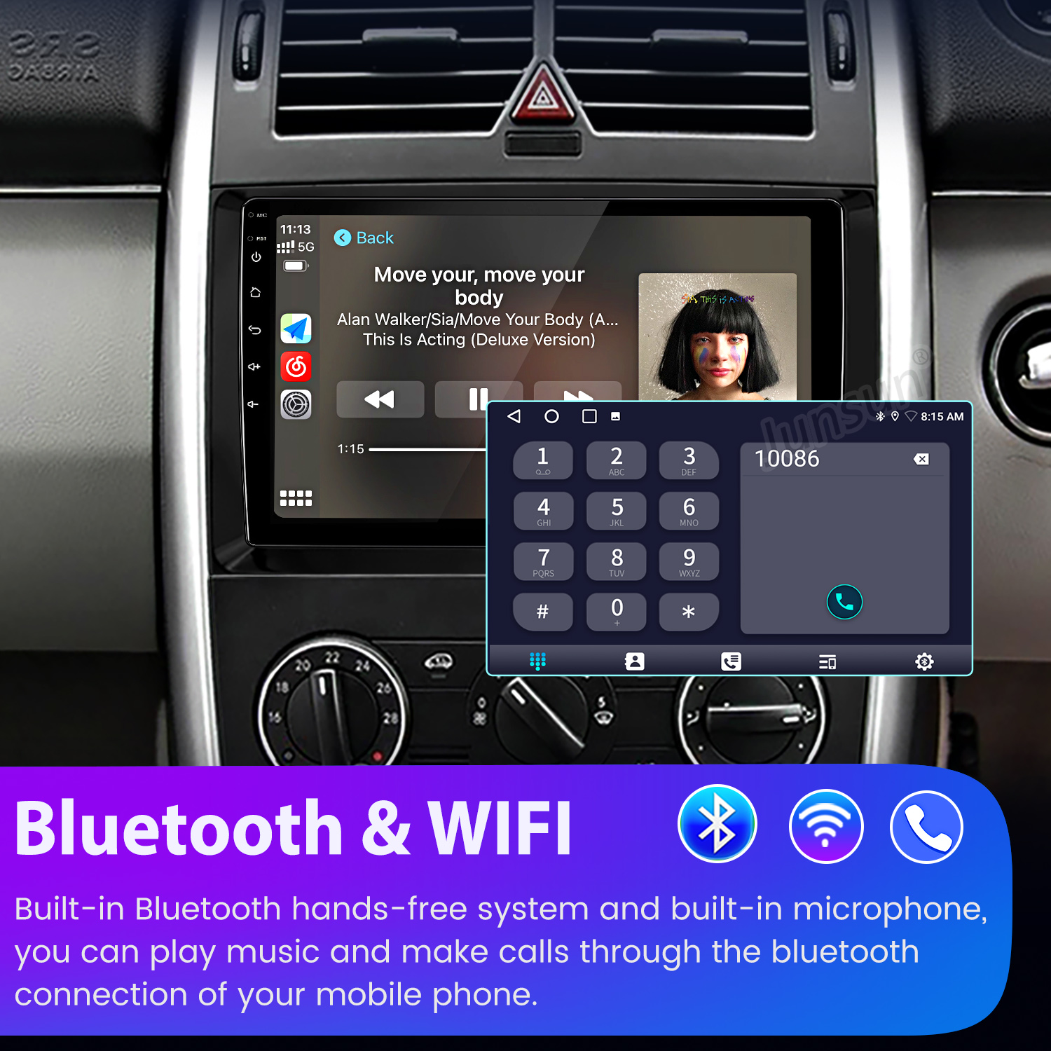 Radio samochodowe z muzyką, ekranem telefonu i ikonami Bluetooth i Wi-Fi poniżej.