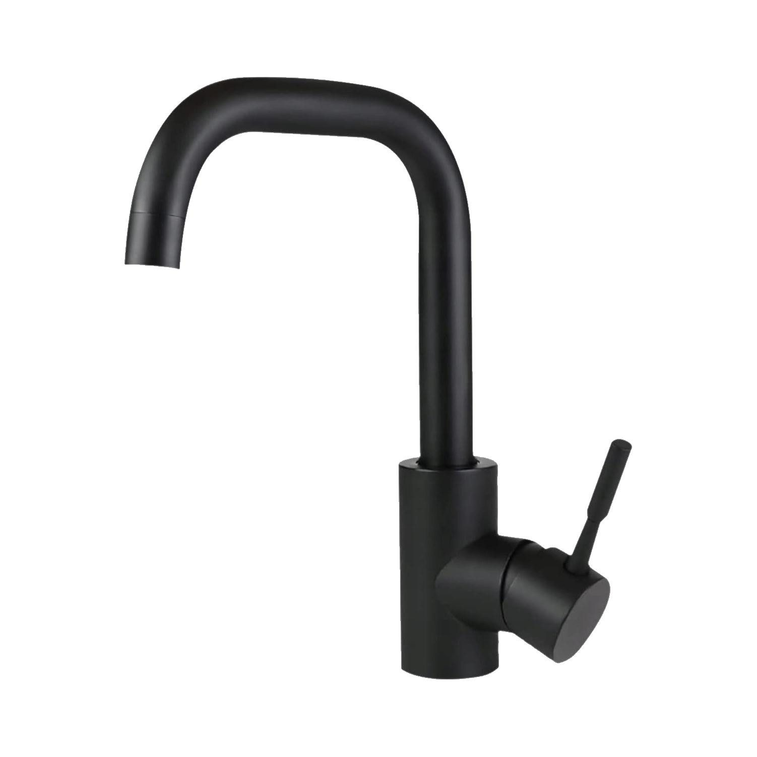 Matowa czarna bateria kuchenna na białym tle. Bateria ma zakrzywioną wylewkę i pojedynczy uchwyt dźwigniowy.