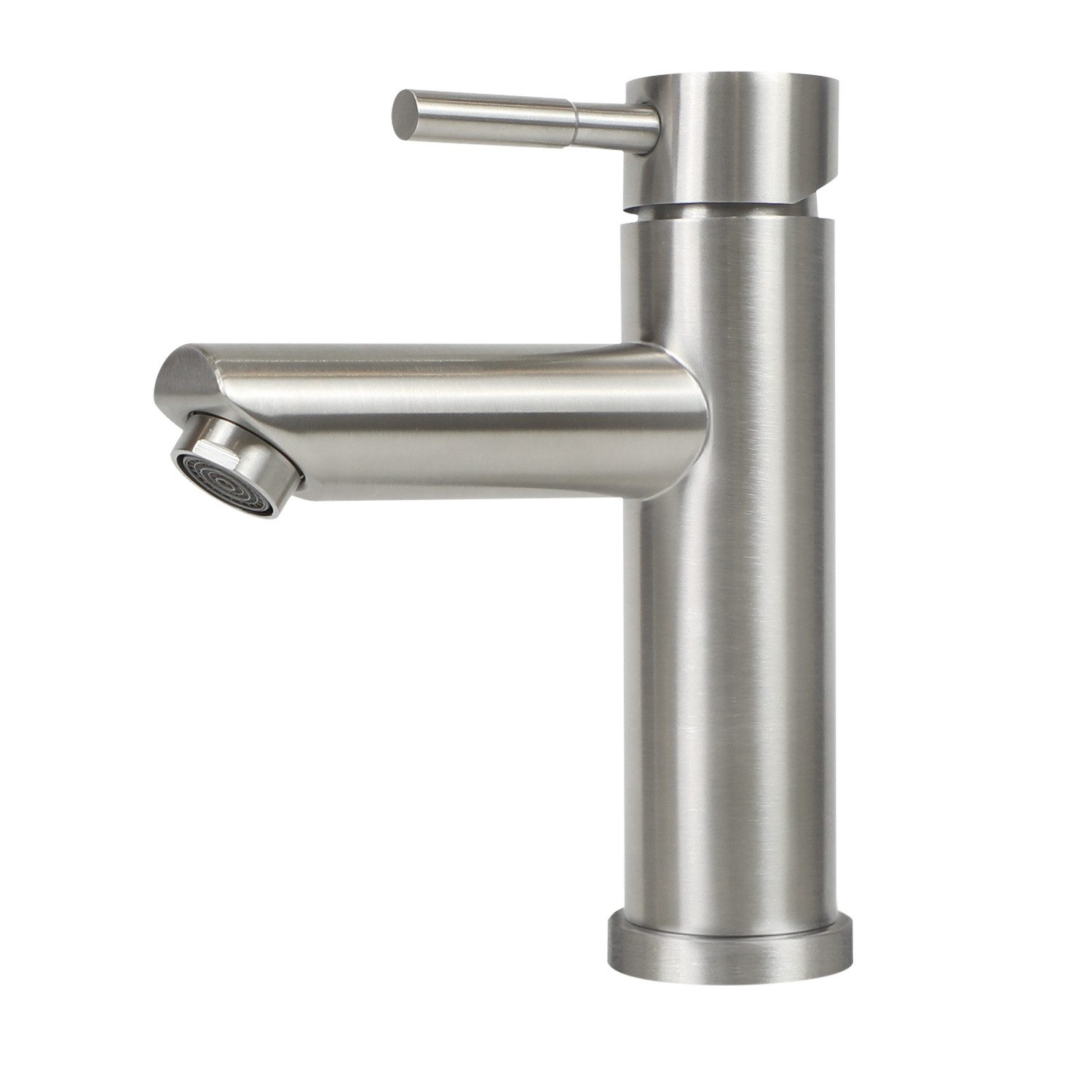 Nowoczesna, srebrna bateria. Ma cylindryczną podstawę i poziomy wylew. Uchwyt to mała dźwignia.