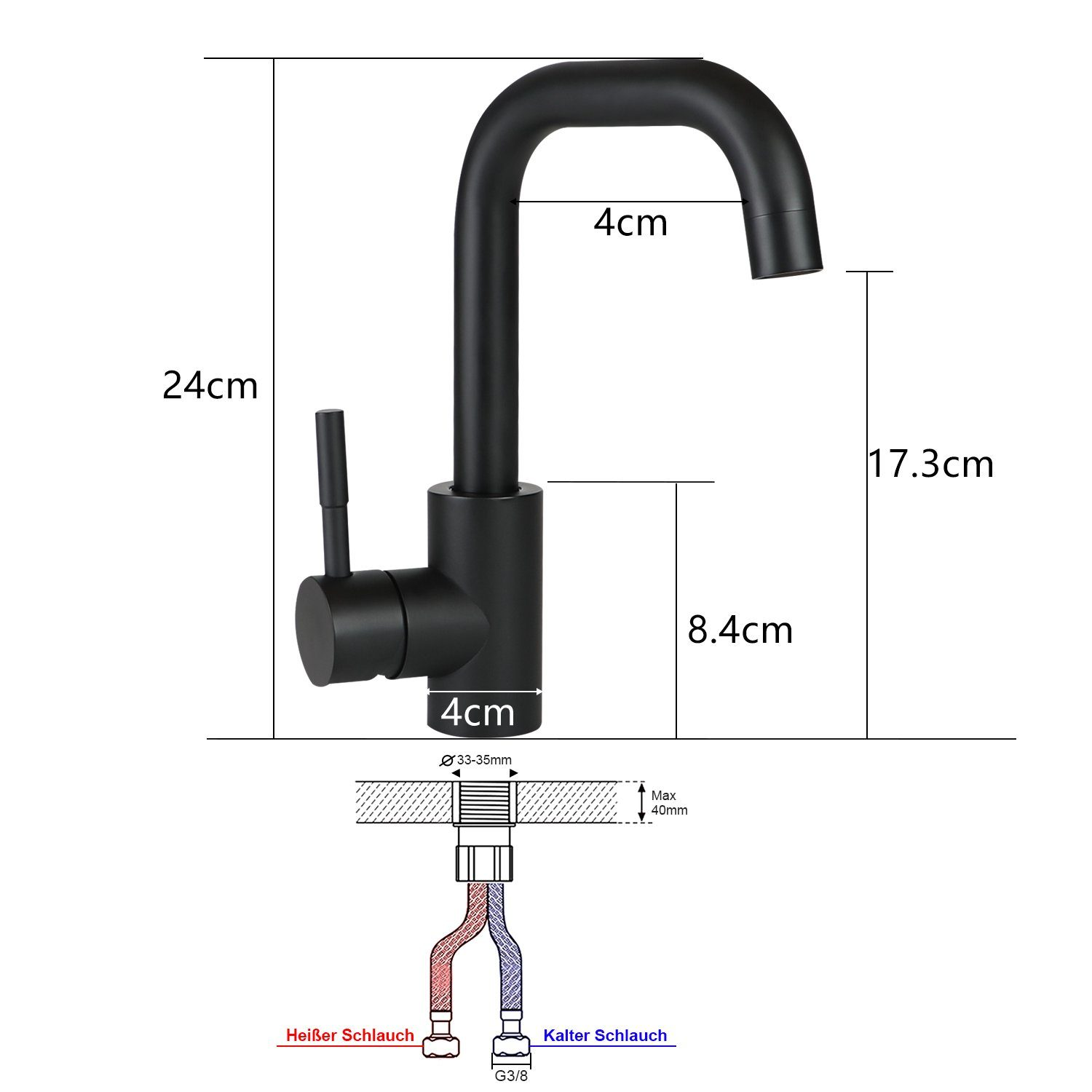 Czarna bateria kuchenna z wymiarami. Zawiera przyłącza ciepłej i zimnej wody oraz wymiary ogólne, takie jak 24 cm i 17,3 cm.