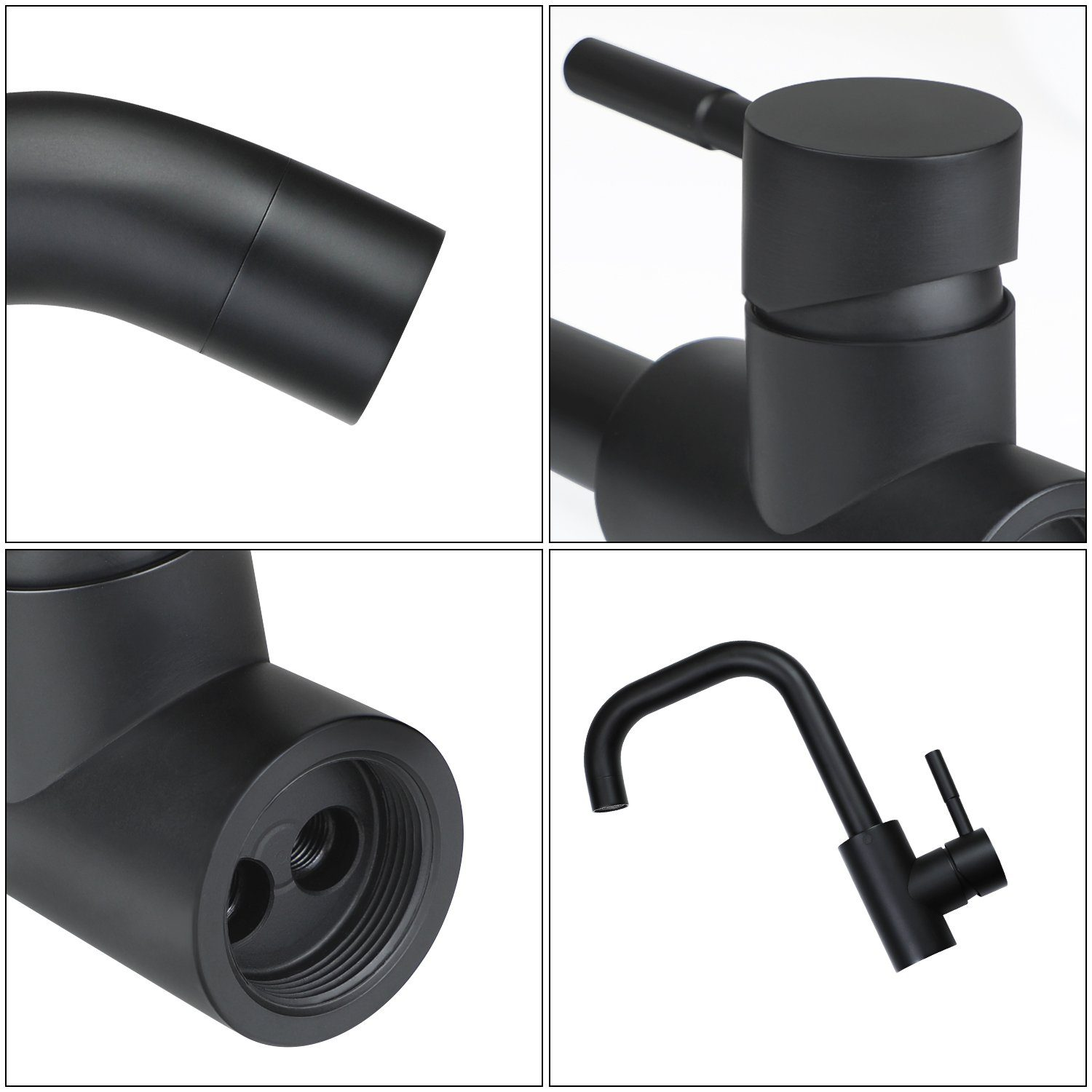 Czarna bateria jest pokazana w czterech różnych widokach. Bateria jest nowoczesna i minimalistyczna, z zakrzywioną wylewką i pojedynczym uchwytem.