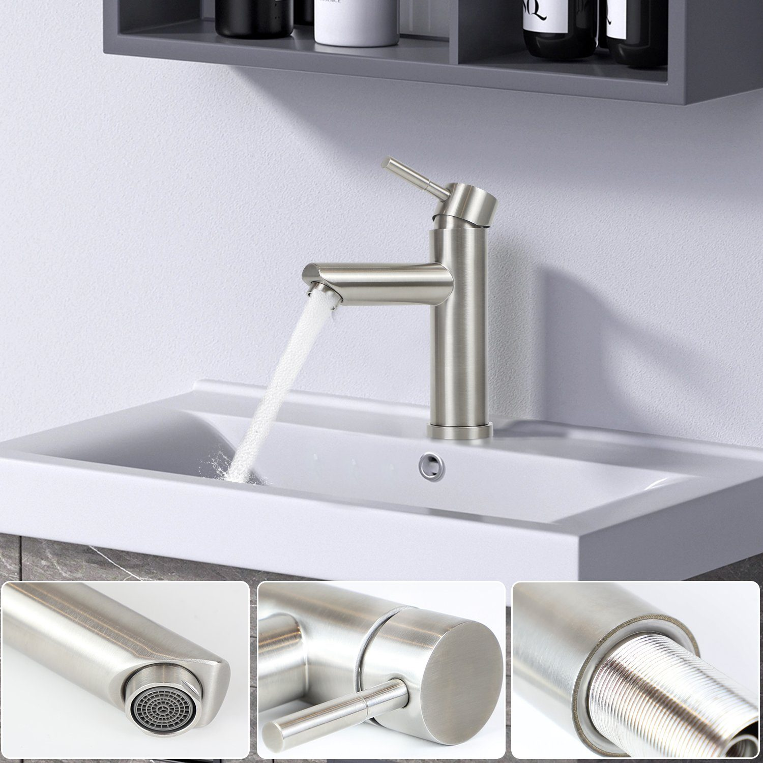 Chromowana bateria nalewa wodę do białej umywalki. Tło przedstawia szarą półkę z butelkami. Dołączono trzy zbliżenia baterii.