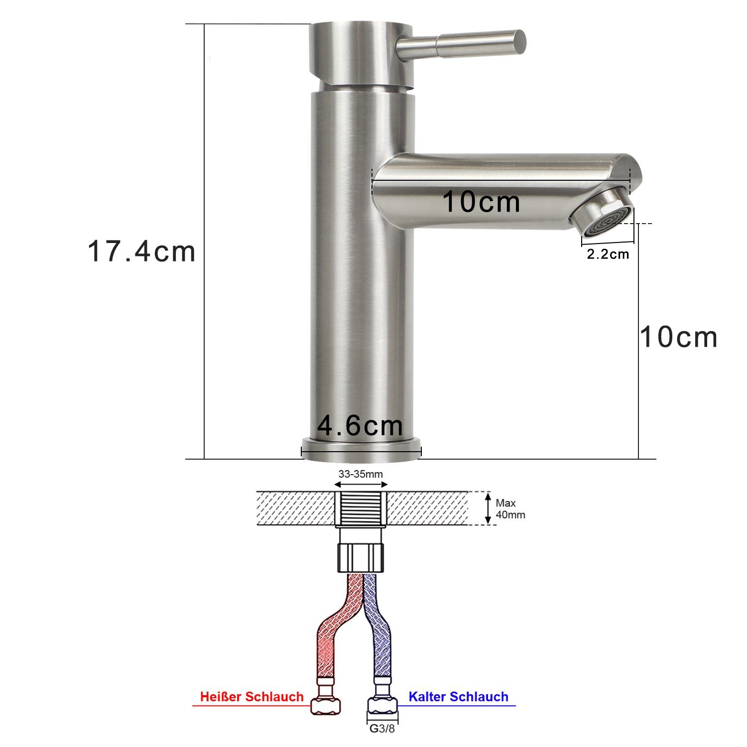 Bateria ze stali nierdzewnej z wymiarami. Zawiera przewody ciepłej i zimnej wody oraz wymiary instalacji.