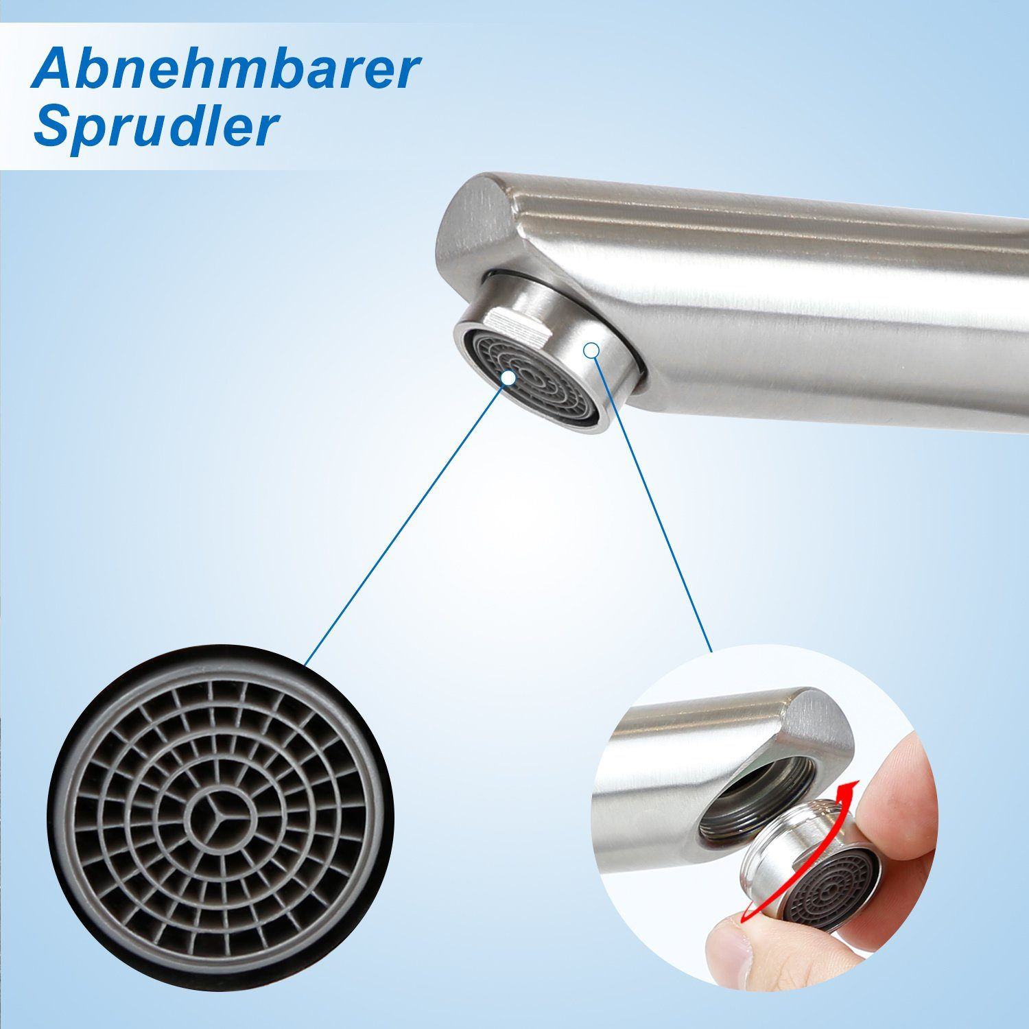 Zbliżenie kranu z wyjmowanym aeratorem. Pokazano szczegóły aeratora i dłoń go odkręcającą, z niebieskim tłem gradientowym.