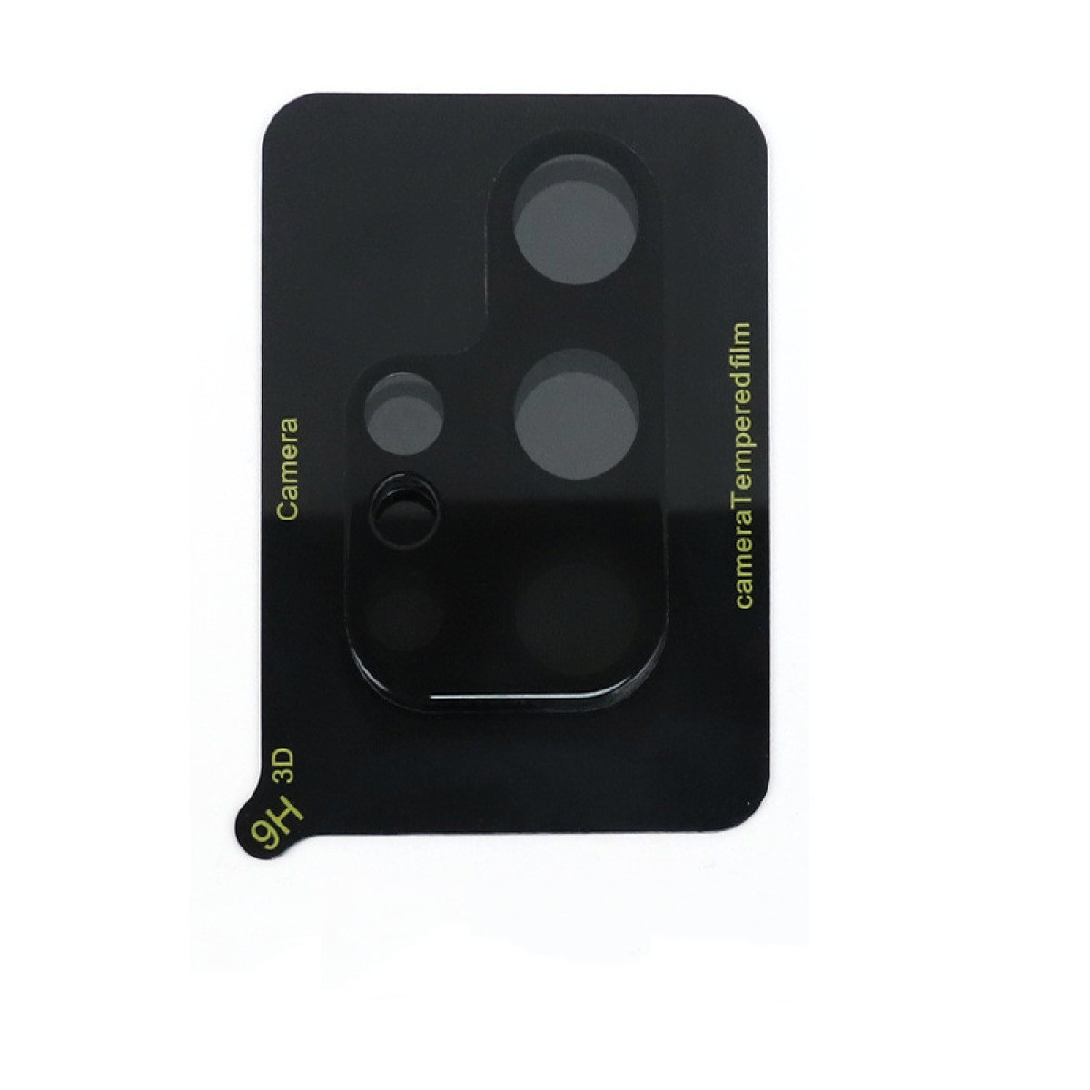 Protezione fotocamera nera con tre fori per lenti e scritta 'camera tempered film'. Sono visibili anche le etichette 'Camera' e '9H 3D'.
