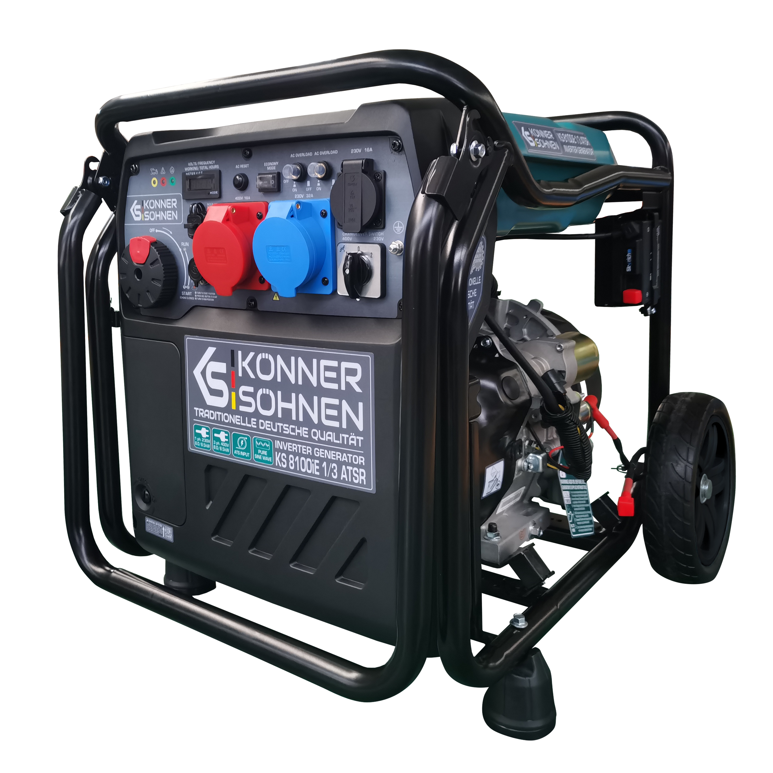 Przenośny generator z czarną ramą, panelem sterowania i kołami. Zawiera czerwone i niebieskie gniazda oraz czarny silnik.