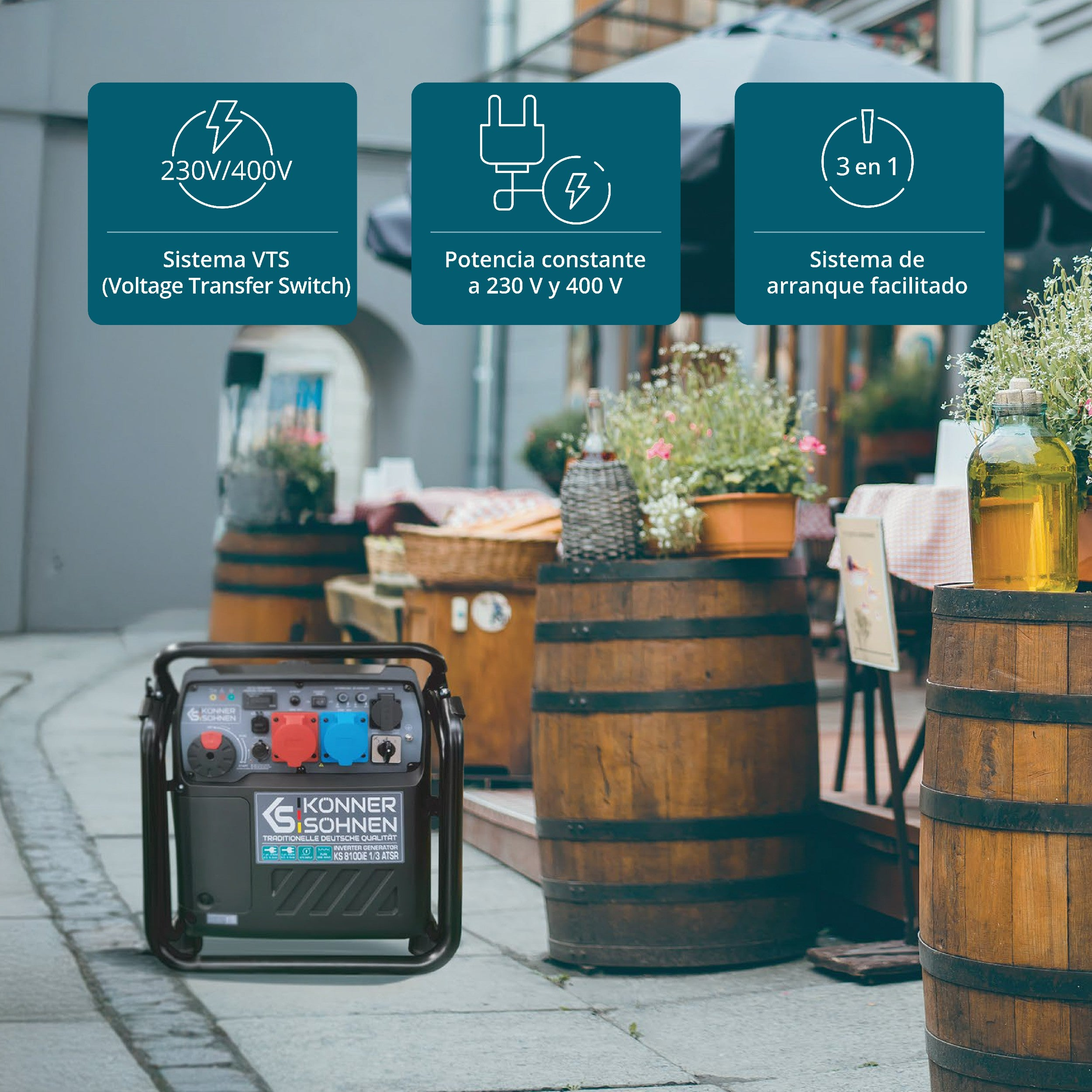 Generator na ulicy. Za nim beczki i rośliny. Powyżej trzy ikony z tekstem: napięcie, stała moc i łatwy start.