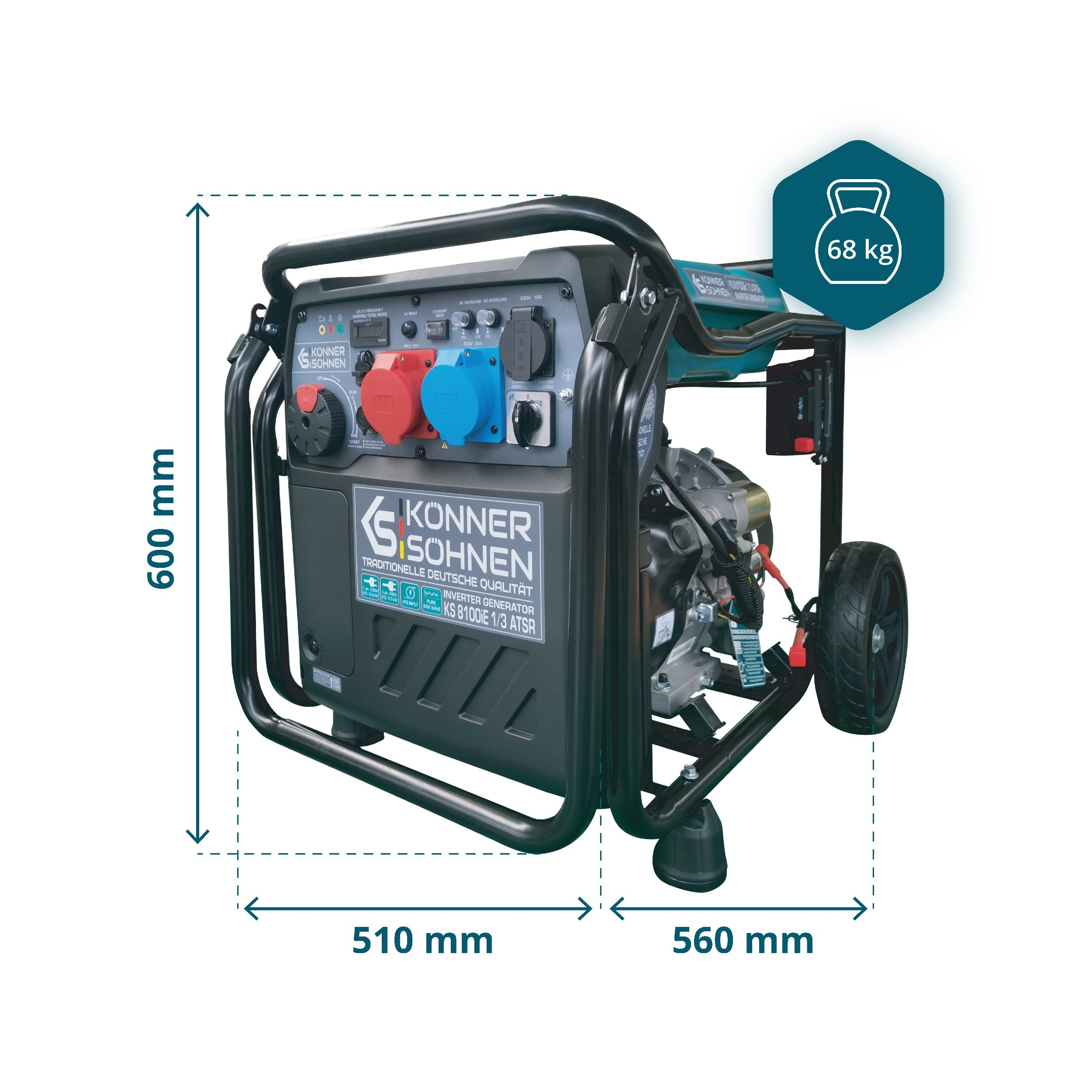 Czarno-zielony generator na kołach, z czerwonymi, niebieskimi i czarnymi gniazdami. Wymiary: 600x510x560 mm. Waga: 68 kg.