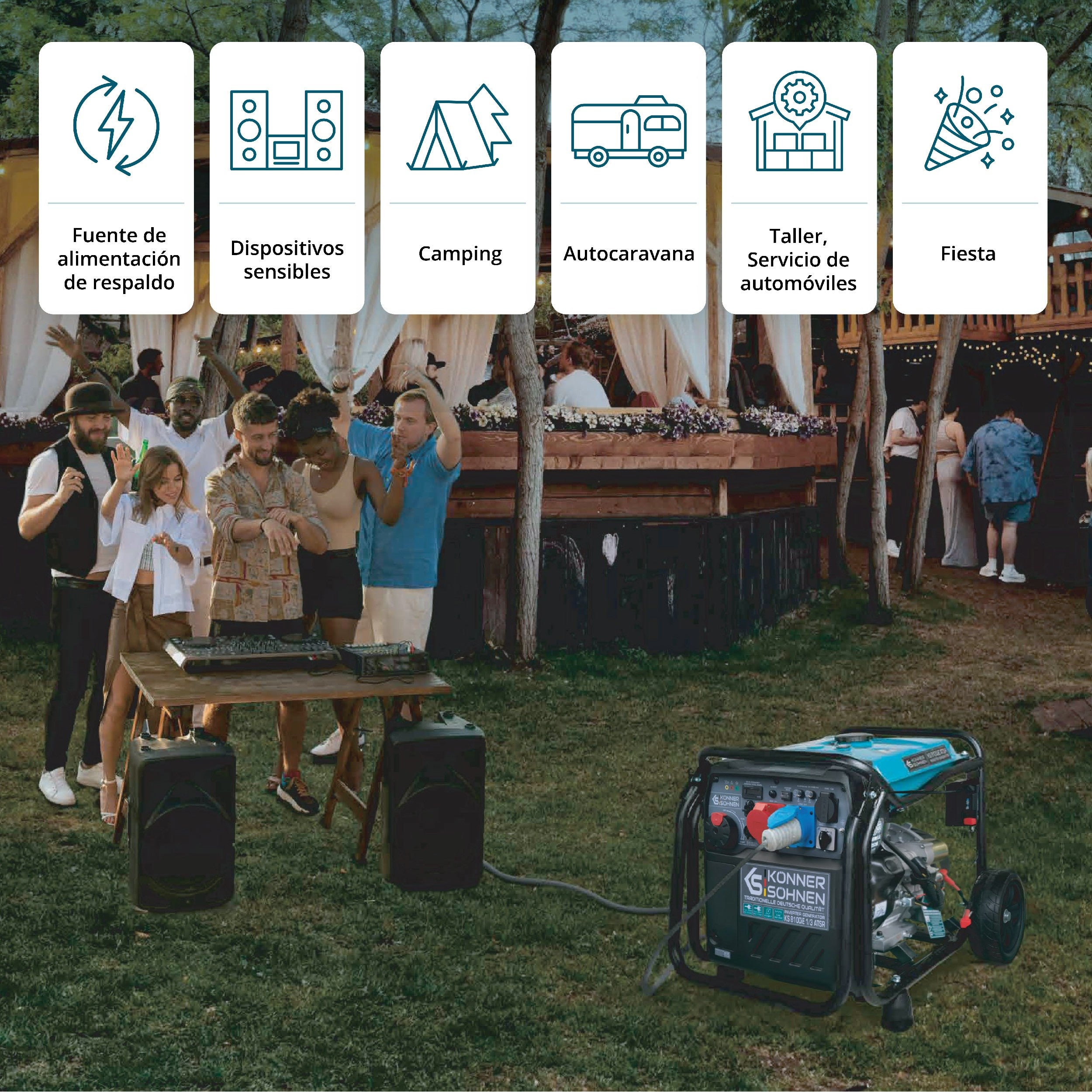 Scena imprezy z tańczącymi ludźmi. Generator zasila zestaw DJ-ski. Ikony zasilania, kempingu i naprawy samochodów w tle.