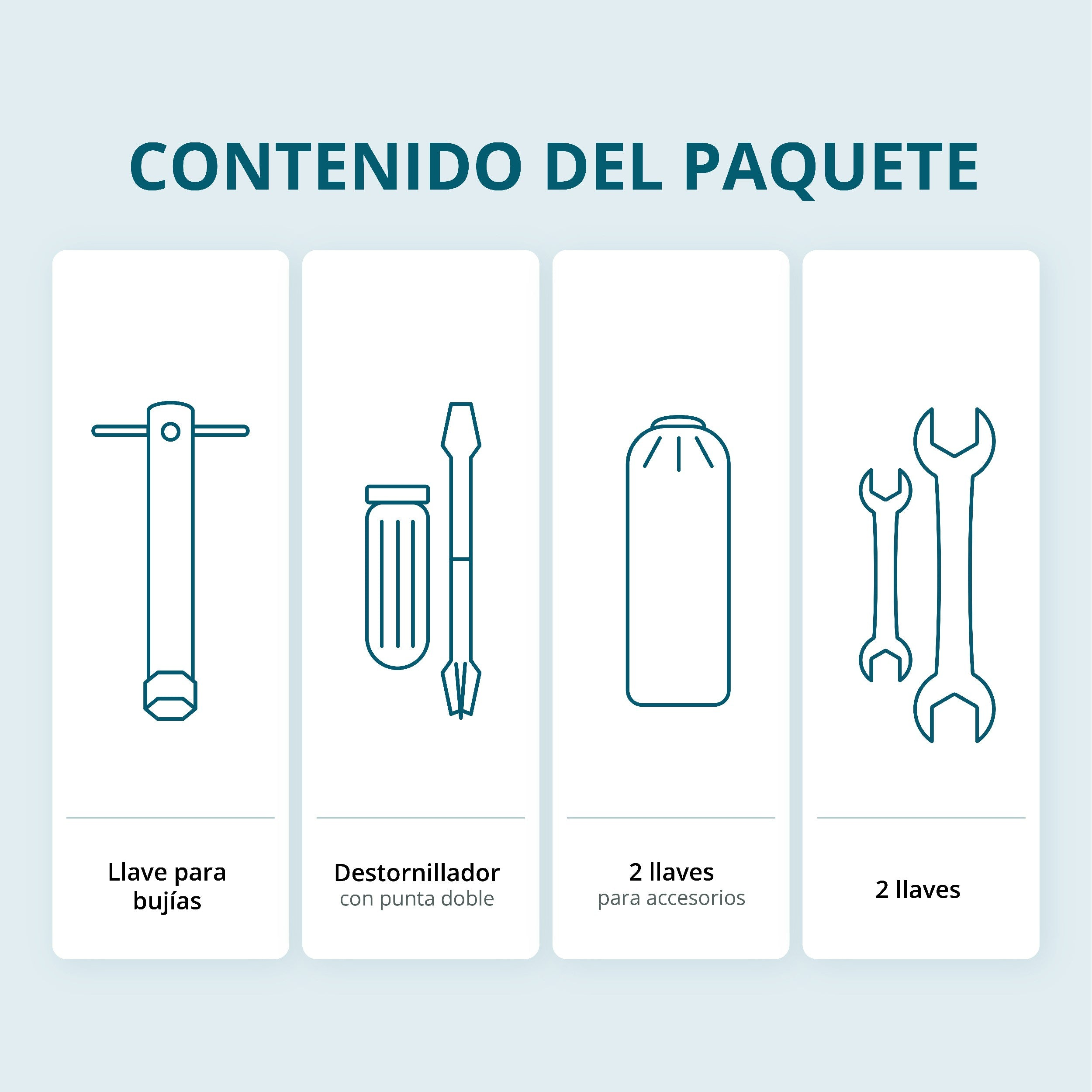 Obraz przedstawia narzędzia, w tym klucz do świec zapłonowych, śrubokręt i dwa zestawy kluczy, z hiszpańskimi etykietami tekstowymi.