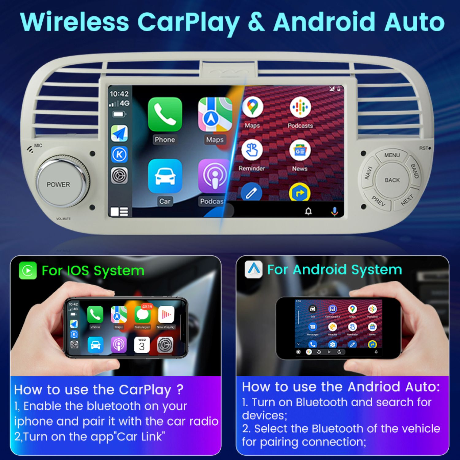 Ekran radia samochodowego wyświetlający aplikacje. Poniżej dwa telefony pokazują konfiguracje CarPlay i Android Auto z instrukcjami.