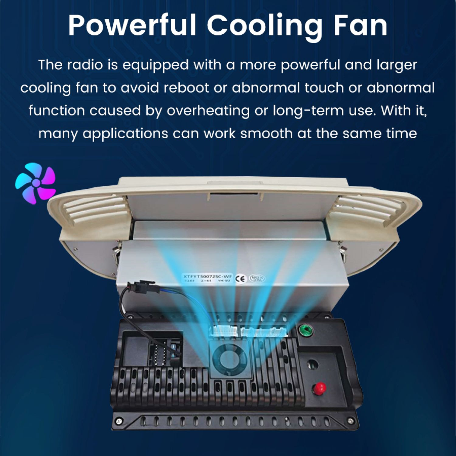 Radio samochodowe z wentylatorem. Zawiera wentylator, czarny panel z przyciskami i ekran. Efekt niebieskiego światła.