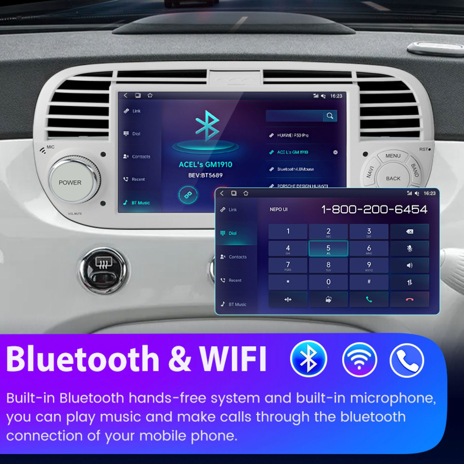 Deska rozdzielcza samochodu z ekranem pokazującym Bluetooth i Wi-Fi. Klawiatura numeryczna i przyciski menu.