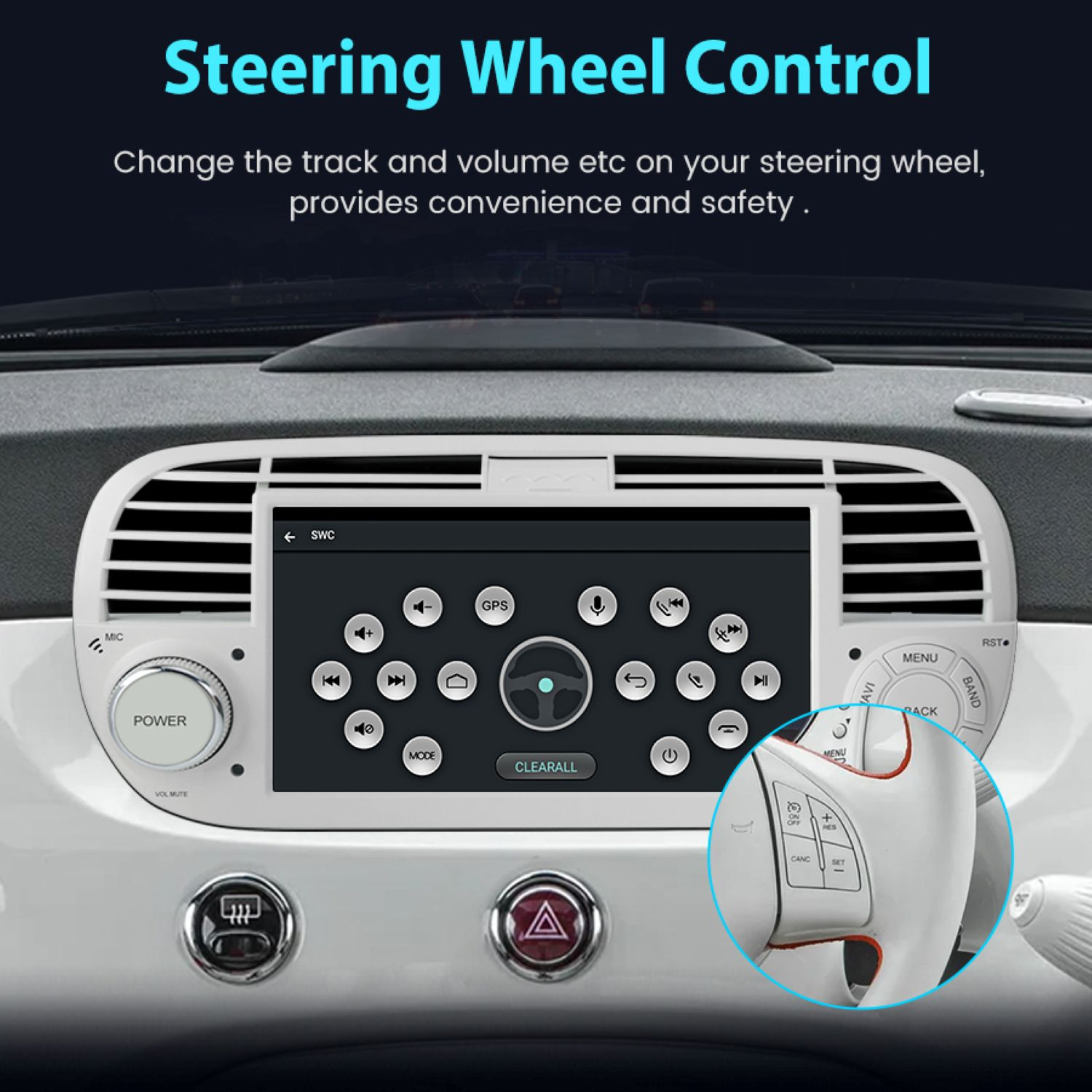 Deska rozdzielcza samochodu z ekranem i elementami sterowania kierownicą. Tekst mówi Sterowanie kierownicą, do regulacji ścieżki i głośności.