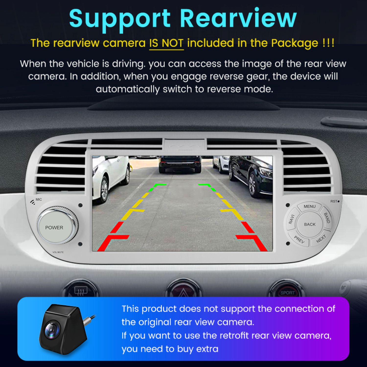 Deska rozdzielcza samochodu z wyświetlaczem kamery cofania, pokazująca linie parkowania. Osobna kamera na dole, tekst wyjaśnia szczegóły.