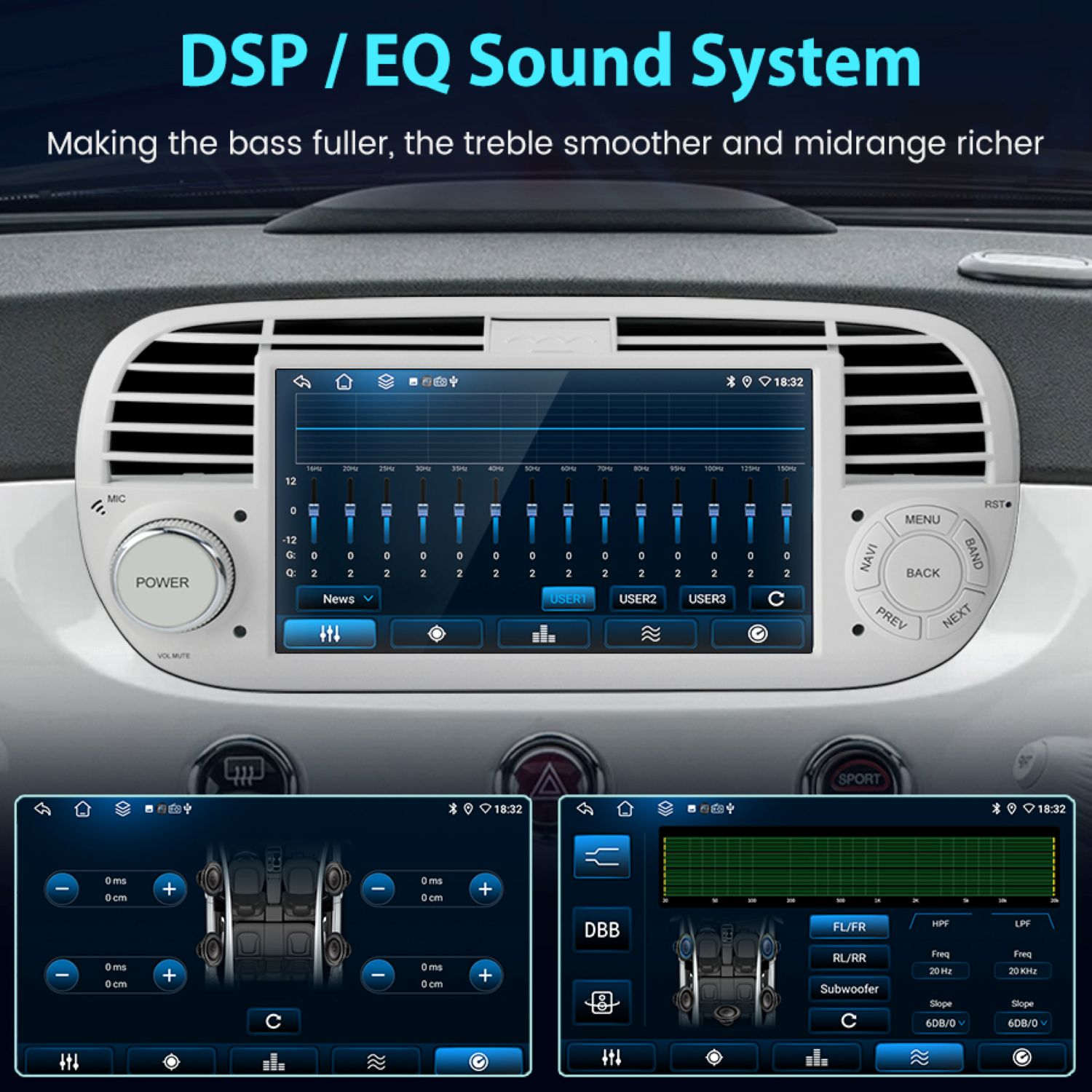 System multimedialny w samochodzie z korektorem dźwięku. Wyświetla ustawienia dźwięku, elementy sterujące i przyciski funkcji.