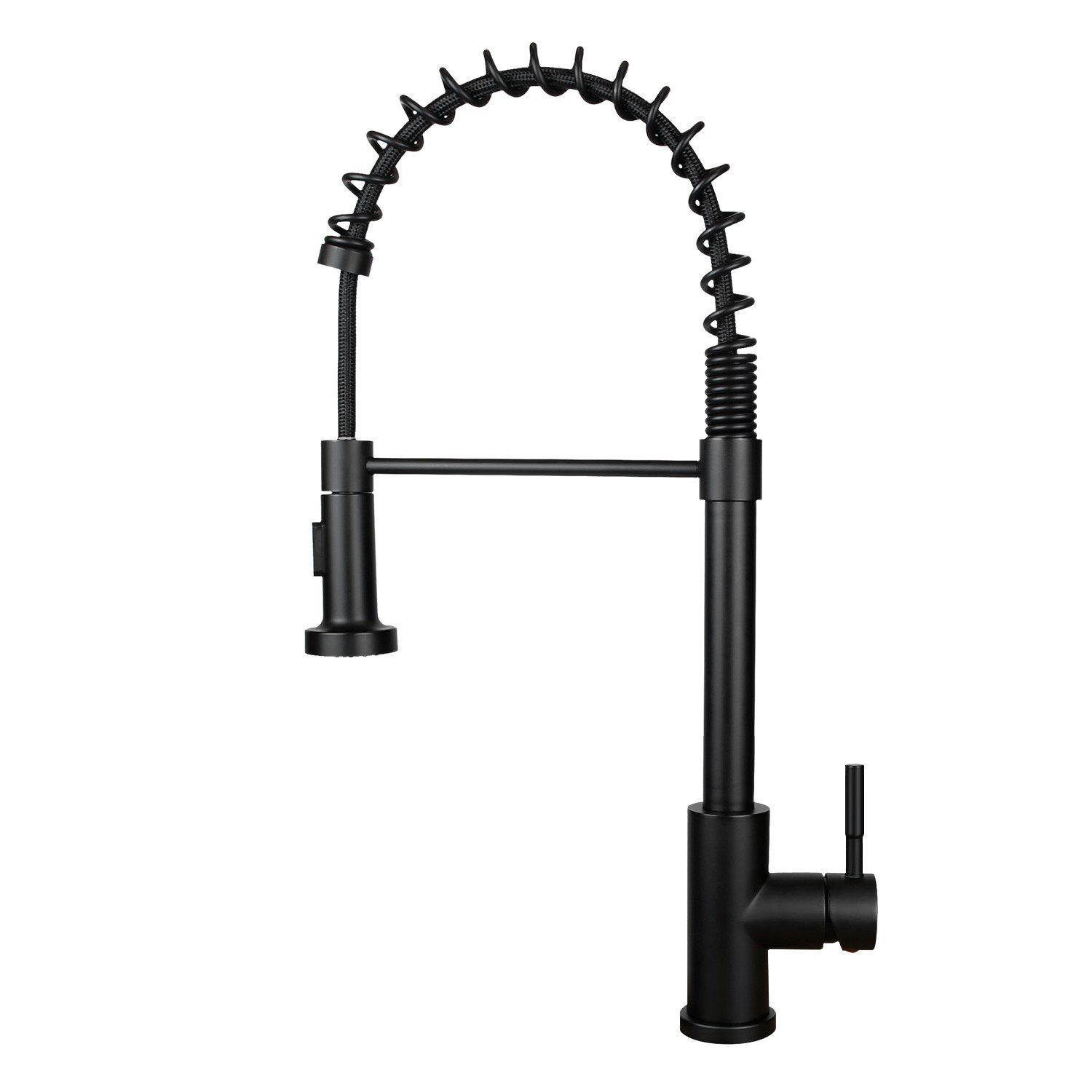 Czarna bateria kuchenna z szyjką ze sprężyny spiralnej. Bateria znajduje się na białym tle. Uchwyt znajduje się po prawej stronie.