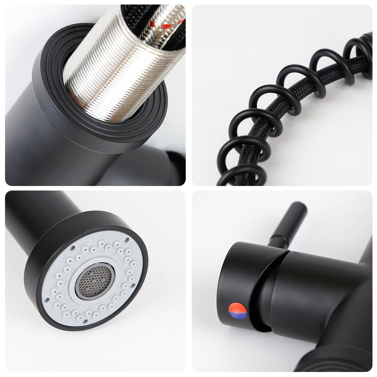 Zbliżenie czarnej baterii kuchennej z wieloma sekcjami. Obejmuje elastyczny wąż, głowicę natryskową i uchwyty, wszystko na białym tle.