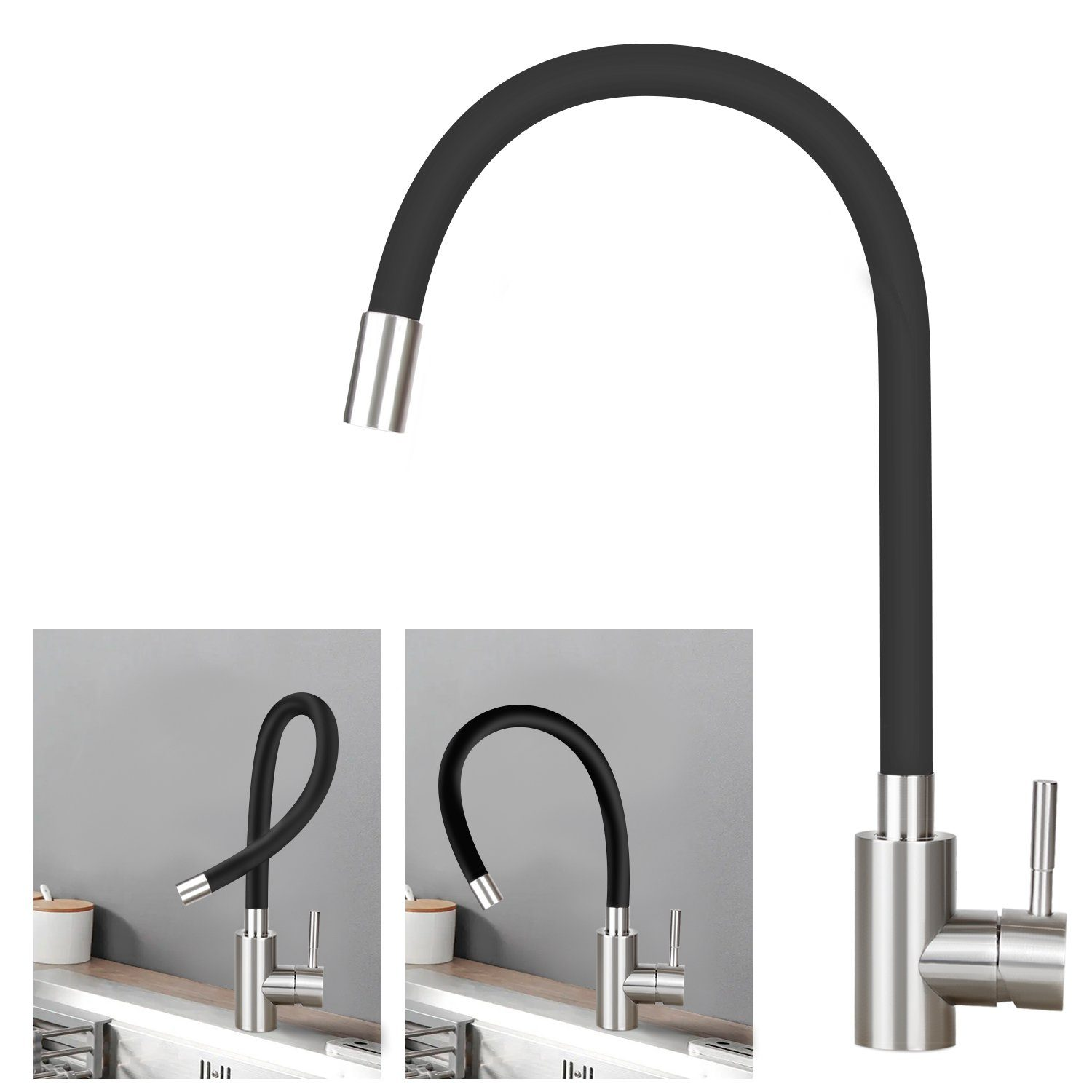 Nowoczesna bateria kuchenna z czarnym, elastycznym wężem i srebrnymi elementami. Bateria na białym tle.