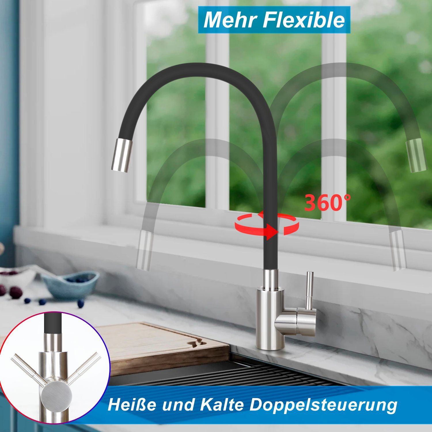 Elastyczna bateria kuchenna z czarnym wężem. Tekst: Mehr Flexible, 360°, Heiße und Kalte Doppelsteuerung. Tło to okno.