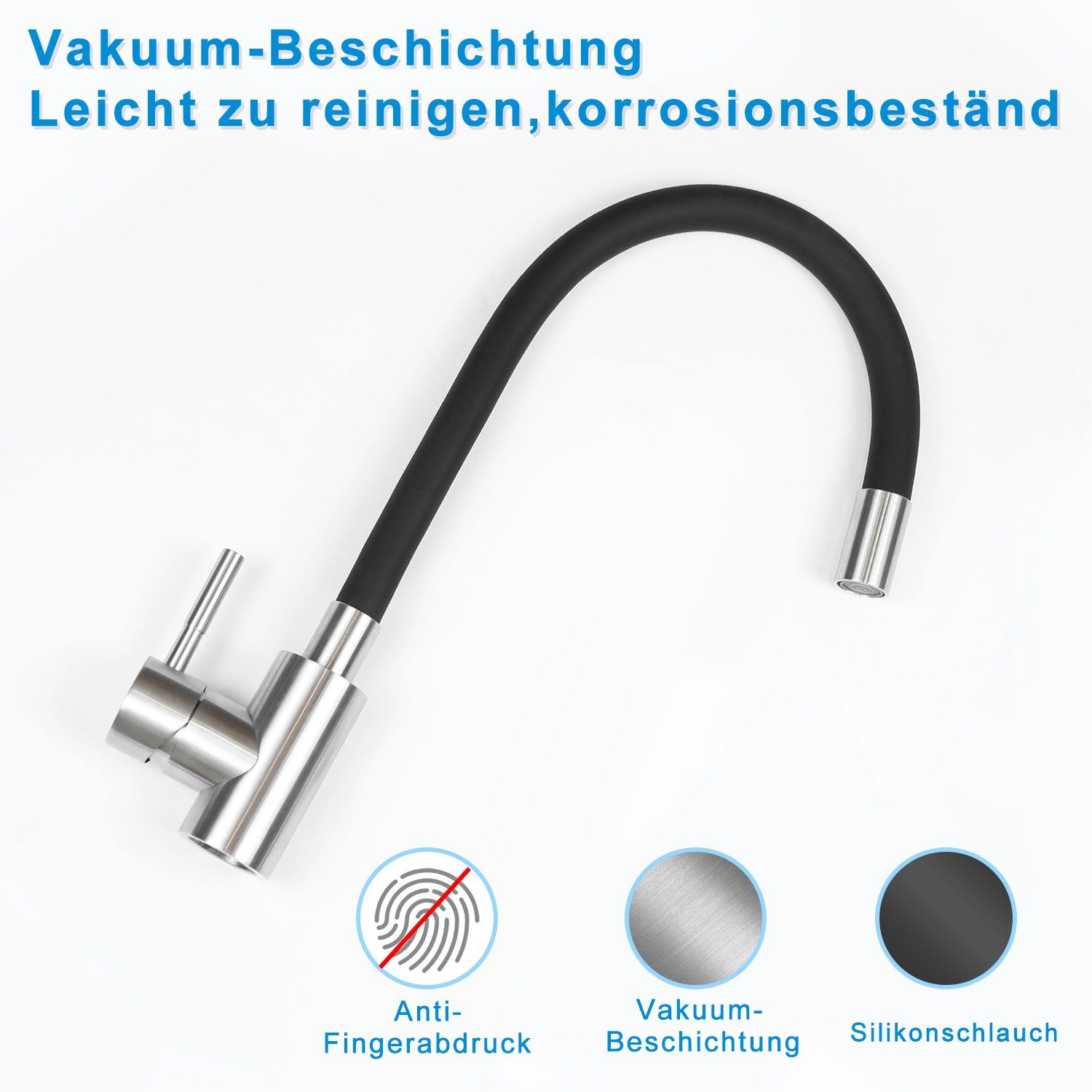 Chromowana bateria kuchenna z czarnym elastycznym wężem. Tekst wspomina o powłoce próżniowej i cechach zapobiegających odciskom palców.