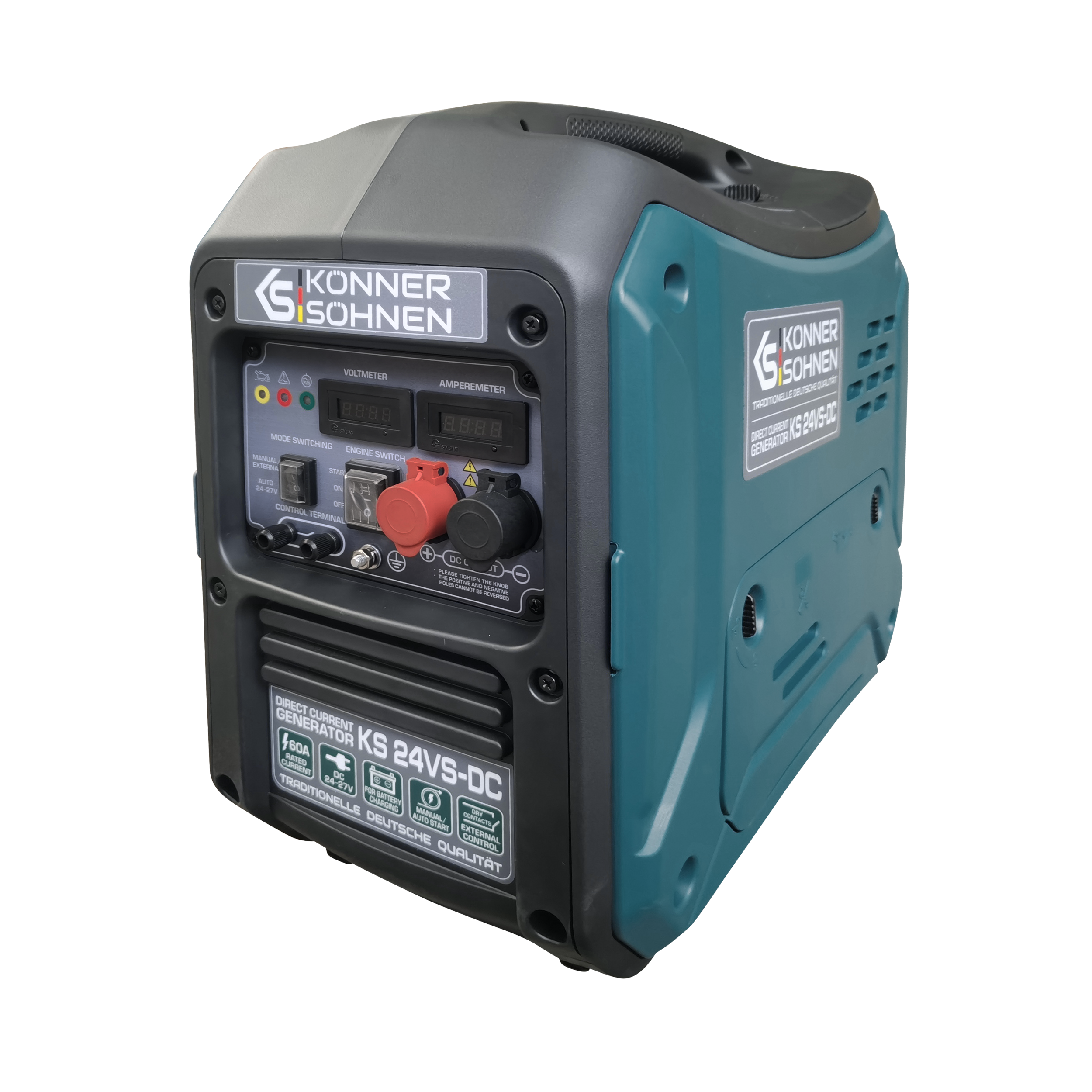 Generator z obudową w kolorze morskim i czarnym. Posiada panele sterowania i mierniki. Marka to Konner & Sohnen.