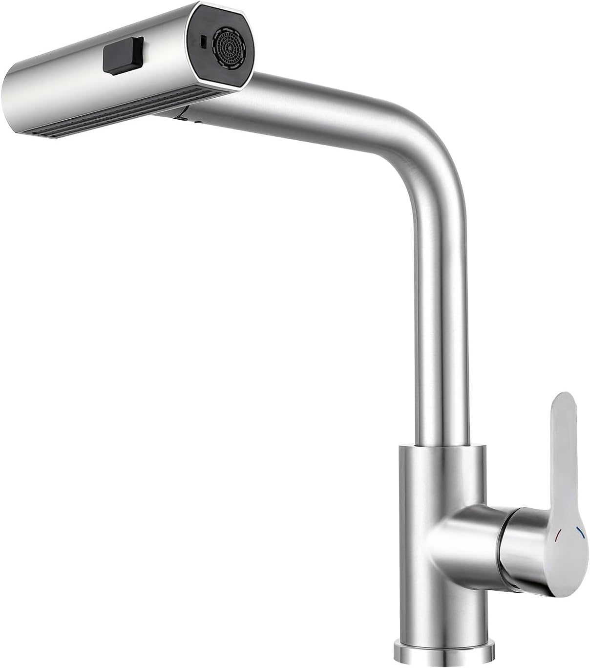 Srebrna bateria kuchenna z wyciąganym spryskiwaczem i uchwytem dźwigniowym. Bateria znajduje się na białym tle.