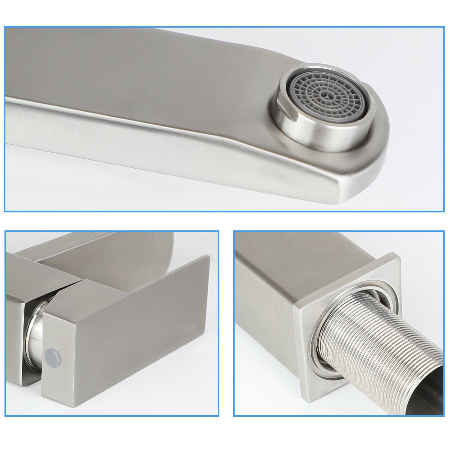 Zbliżenia srebrnej baterii. Szczegóły obejmują aerator, uchwyt i elastyczny karbowany wąż, wszystko na białym tle.