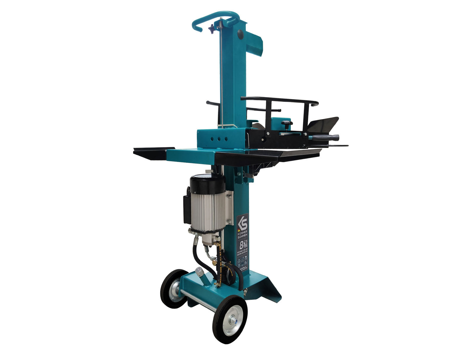 Un fendeur de bûches turquoise et noir avec des roues. Comprend un moteur, des flexibles hydrauliques et des composants de fendage. Isolé sur fond blanc.