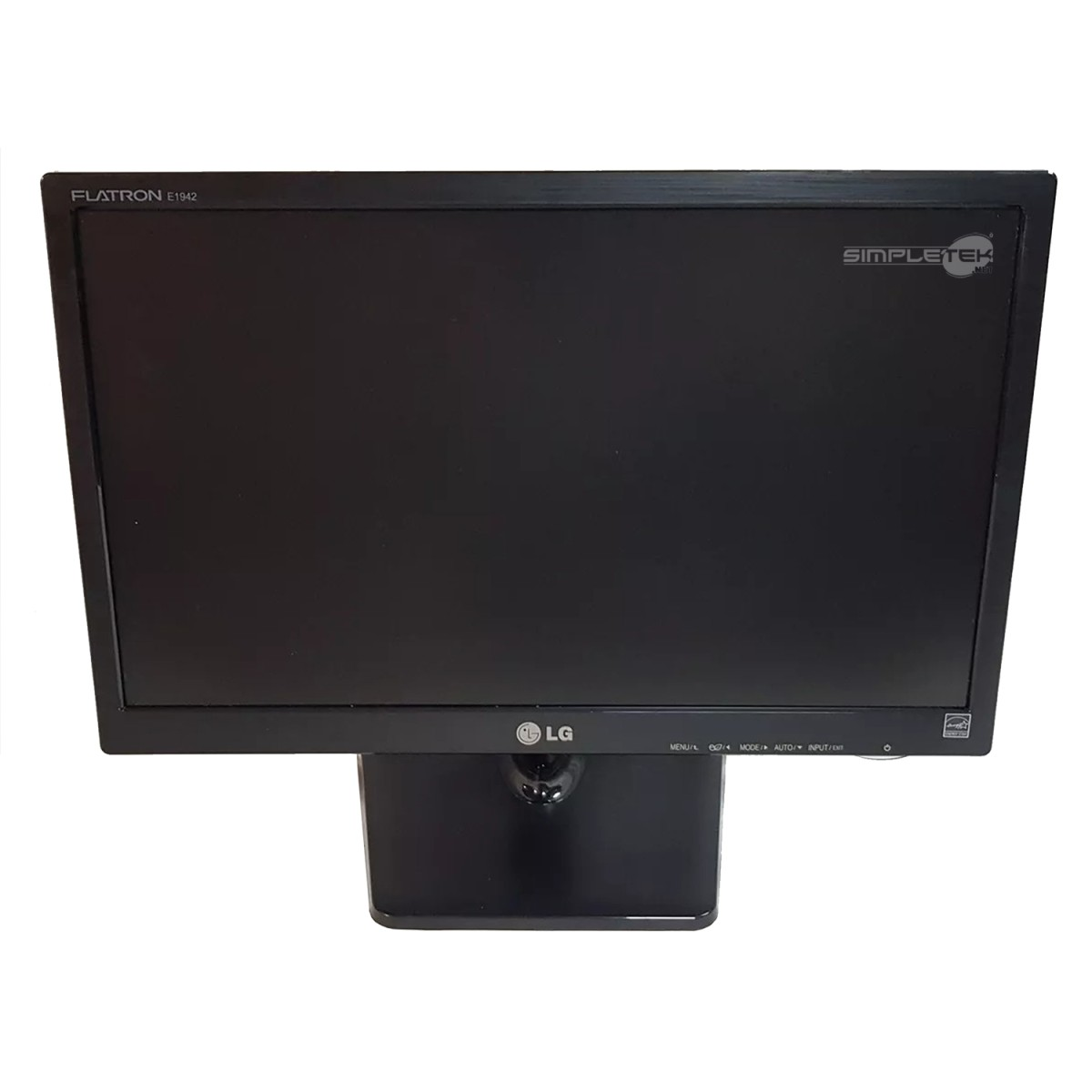 Monitor per computer LG nero su sfondo bianco. Il monitor ha pulsanti e un supporto. Il marchio è visibile.