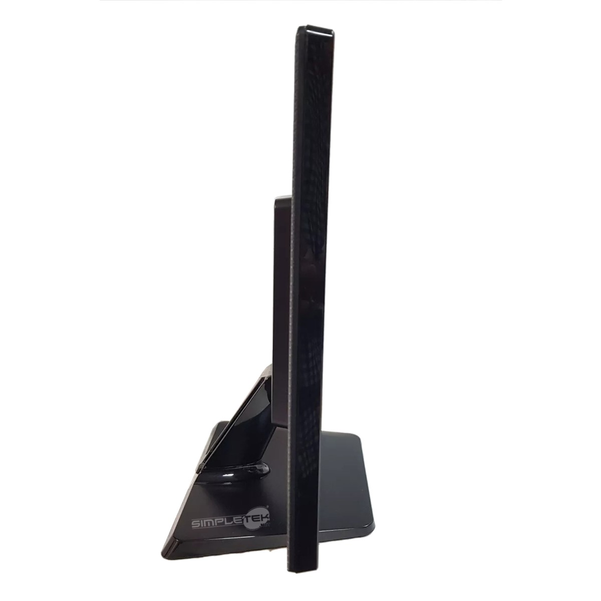 Un monitor di computer nero è mostrato di lato. Il logo SimpleTek è visibile sulla base. Lo sfondo è bianco.