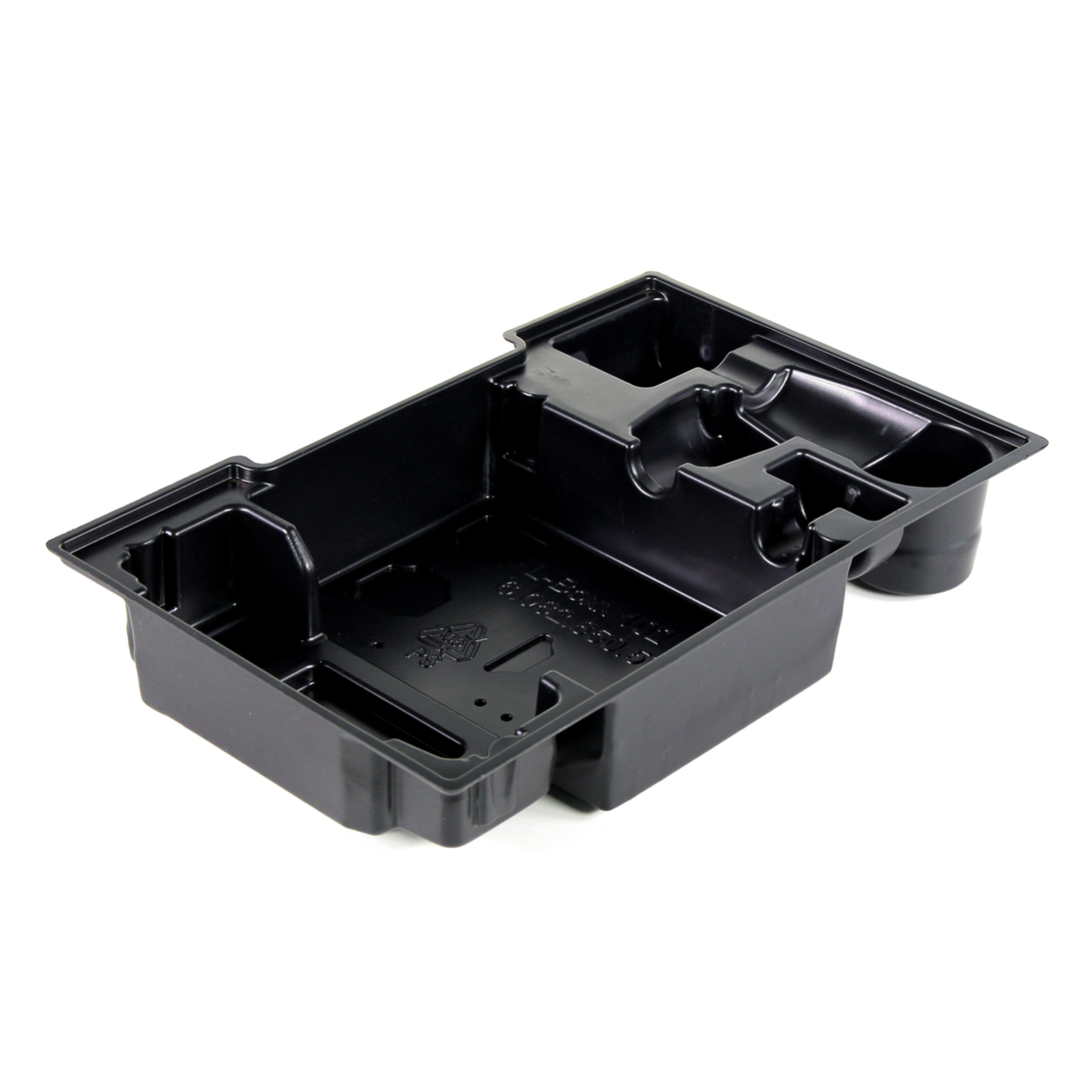Czarna plastikowa taca z różnymi przegródkami. Ma prostokątny kształt z kilkoma sekcjami o różnych rozmiarach i głębokościach.