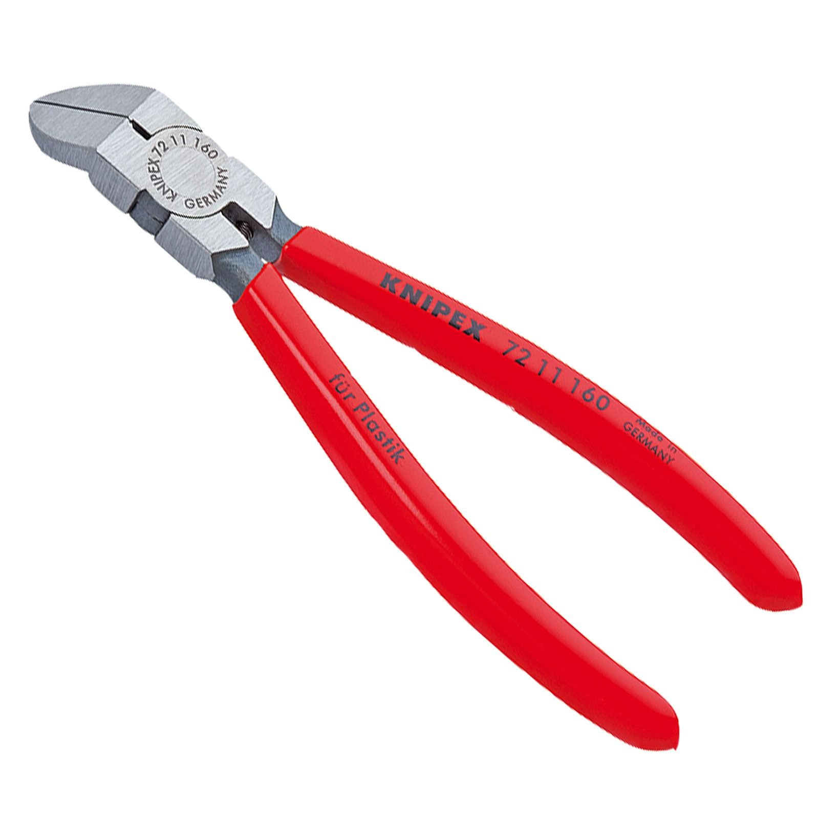 Diagonale Seitenschneider, rote Griffe, silberne Schneidkanten und die Marke KNIPEX. Text ist auf der Zange aufgedruckt.