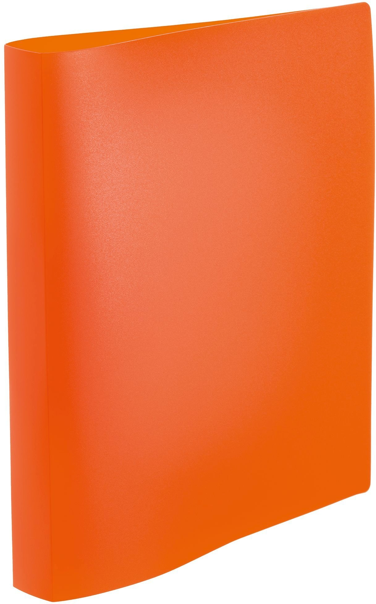 Pomarańczowy segregator stoi na białym tle. Segregator jest w kolorze pomarańczowym i ma gładką powierzchnię.