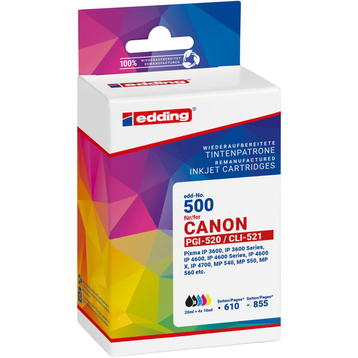Una scatola di cartucce a getto d'inchiostro rigenerate Edding. È bianca con accenti rossi e blu. Dice 'CANON PGI-520/CLI-521'.