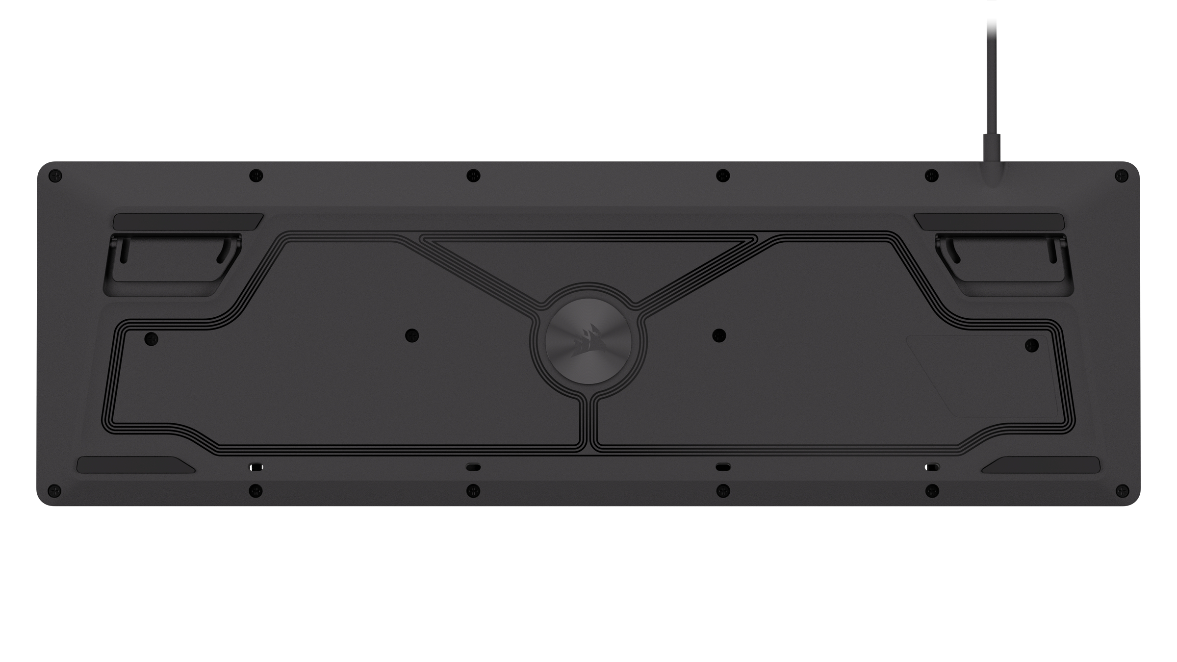 Spód ciemnoszarej klawiatury. Zawiera okrągłe logo, otwory na śruby i kabel, wszystko na białym tle.