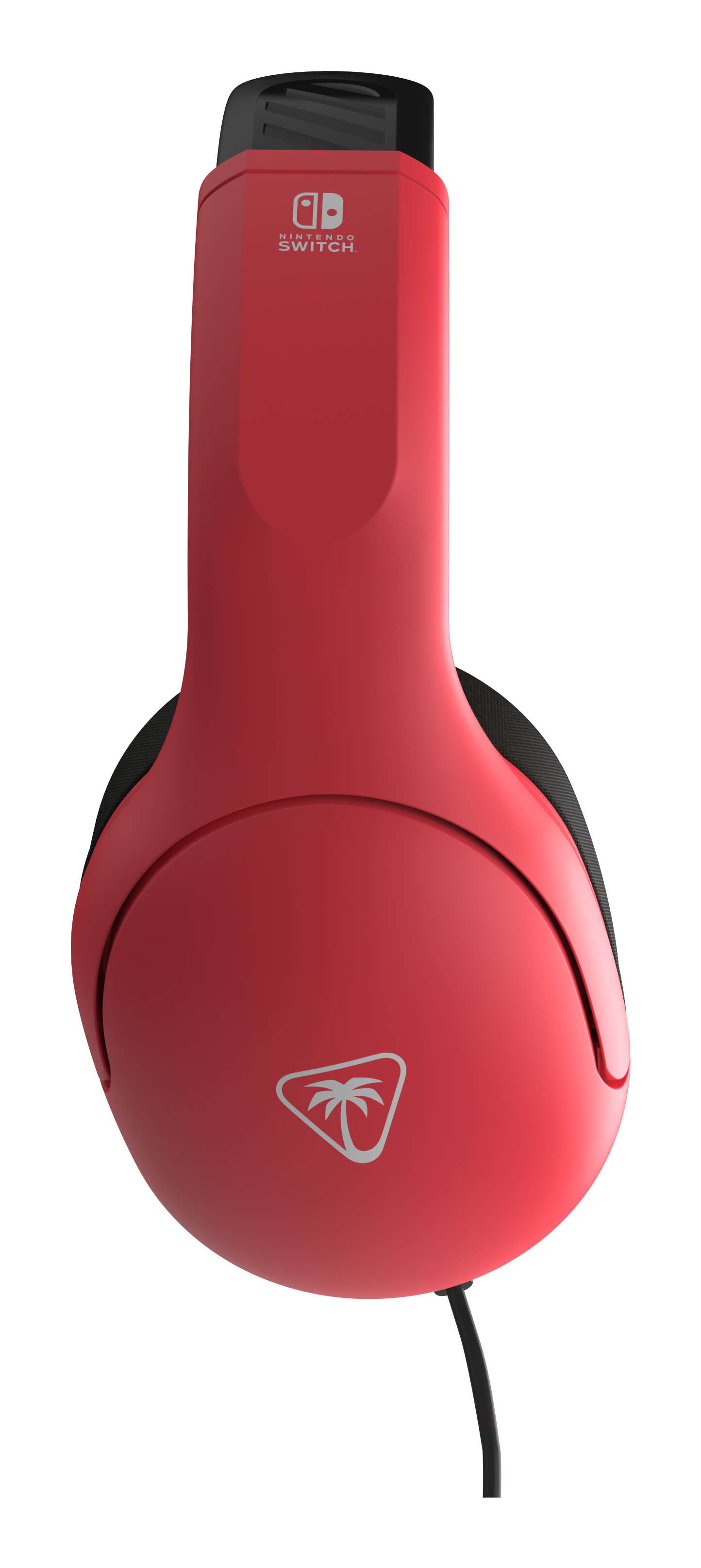 Een rode Nintendo Switch-headset. Het bovenste deel is zwart. De headset heeft een zwarte kabel. Het Turtle Beach-logo is zichtbaar.