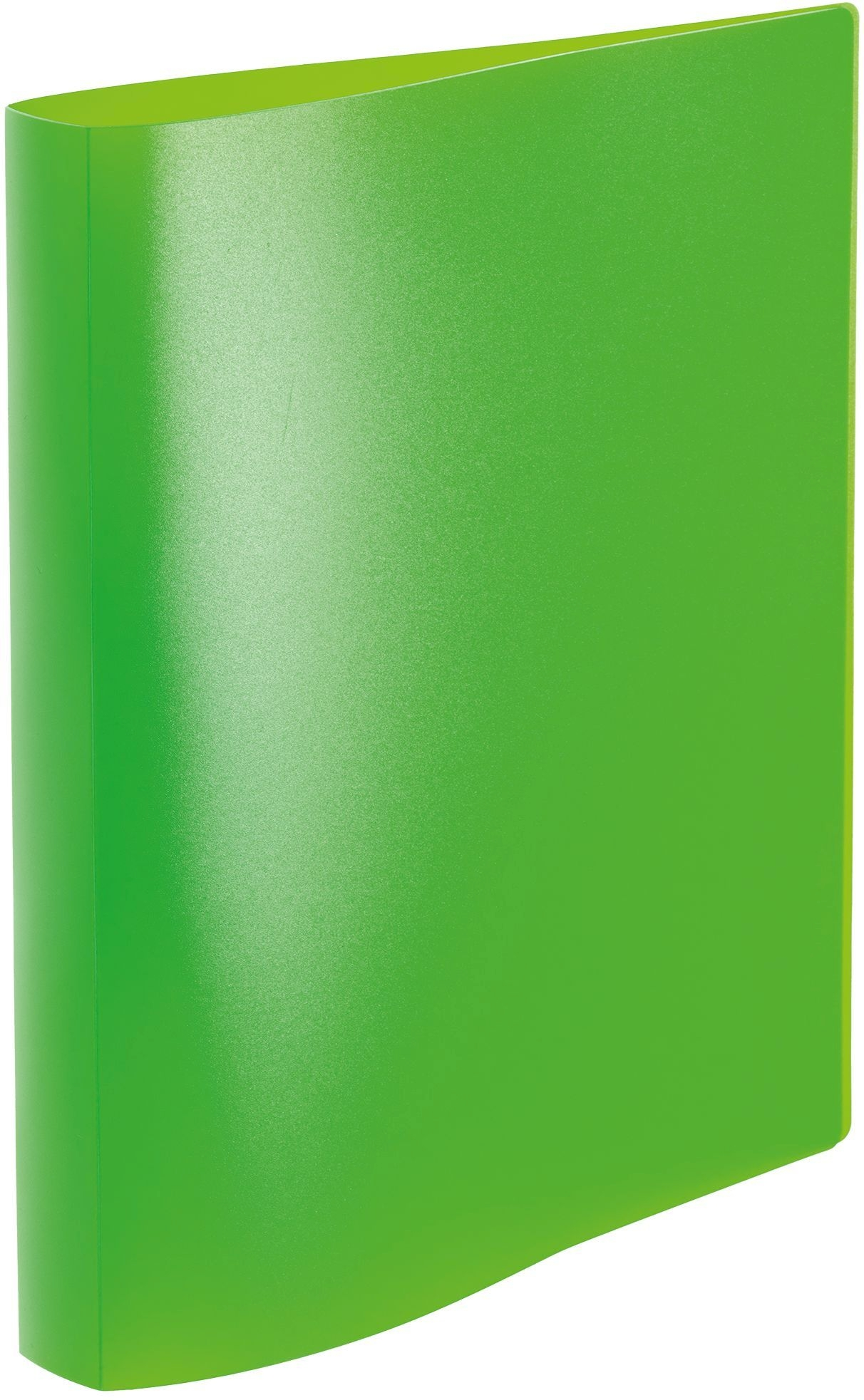 Jasnozielona teczka z lekko pochylonym widokiem. Okładka ma gładką fakturę. Tło jest białe.