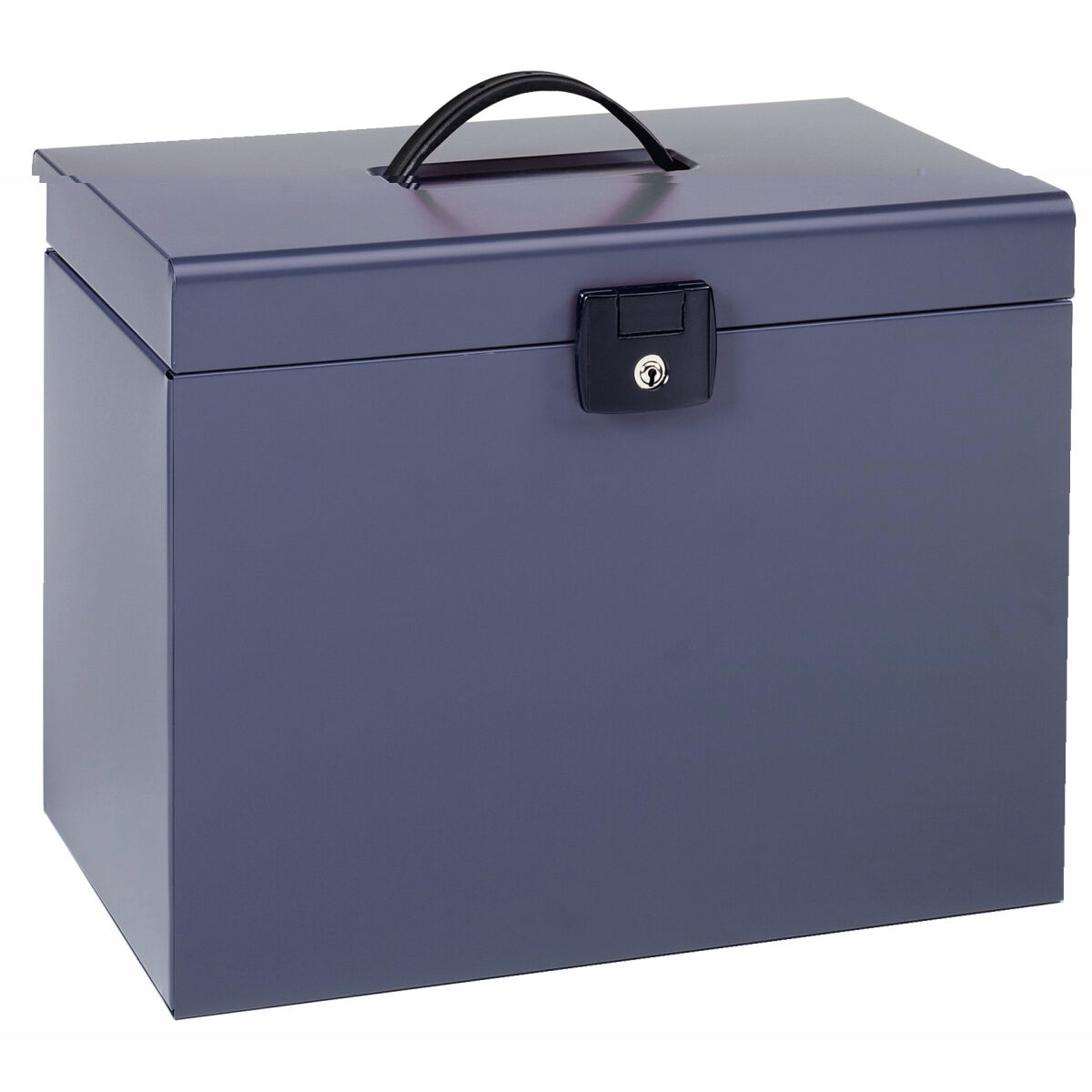 Ciemnoniebieskie metalowe pudełko na pliki z czarnym uchwytem u góry i zamkiem z przodu. Tło białe.