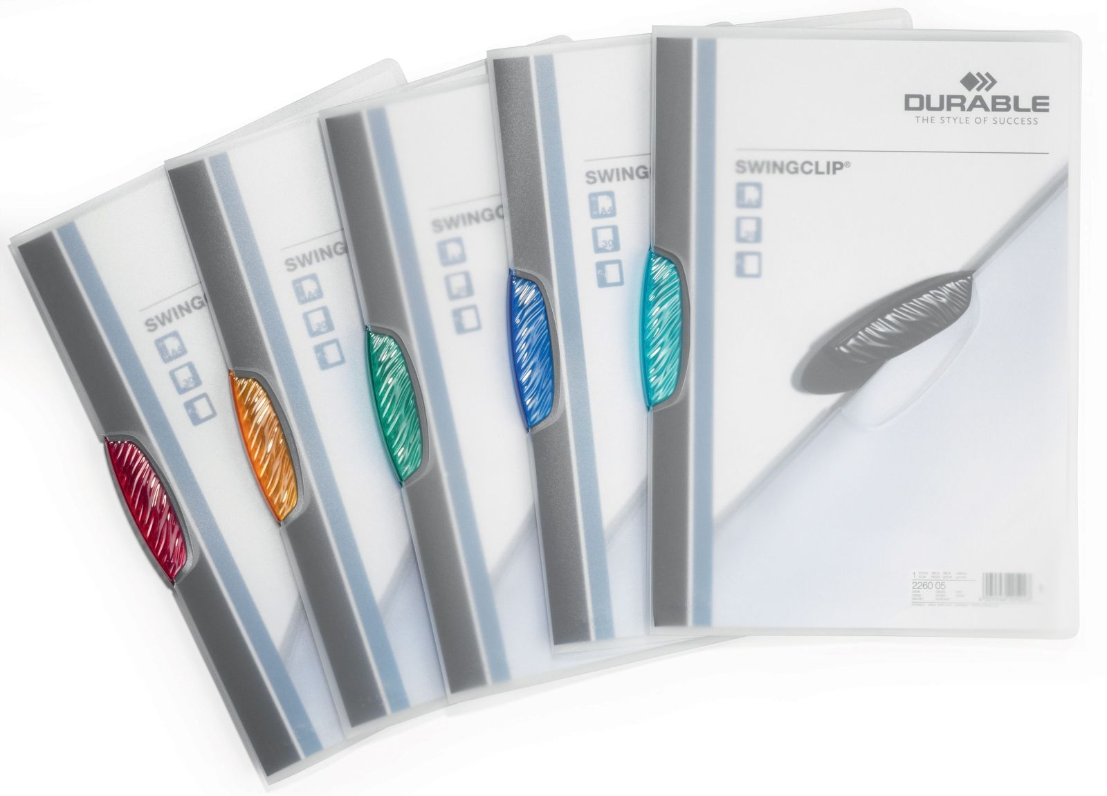 Pięć przezroczystych plastikowych teczek z kolorowymi klipsami. Każda teczka ma napis SWING i markę DURABLE.