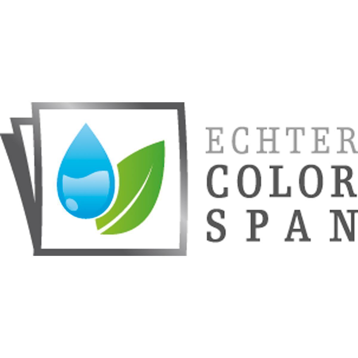 Logo z niebieską kroplą wody, zielonym liściem i szarymi słowami 'ECHTER COLOR SPAN'.