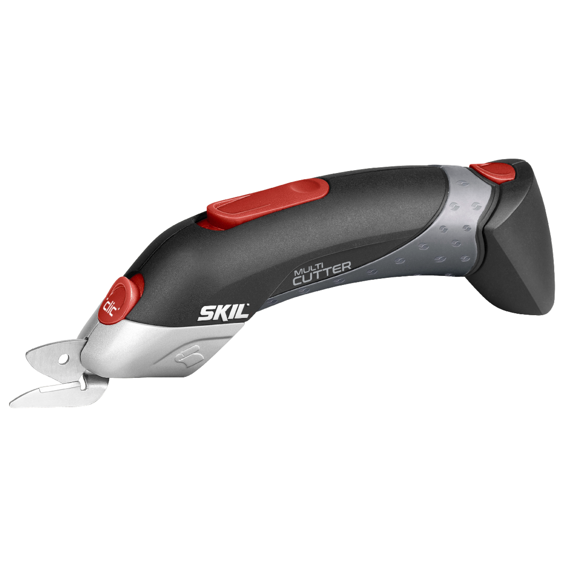 Een zwarte en zilveren SKIL Multi Cutter met rode knoppen. Het heeft messen aan de voorkant en staat op een witte achtergrond.