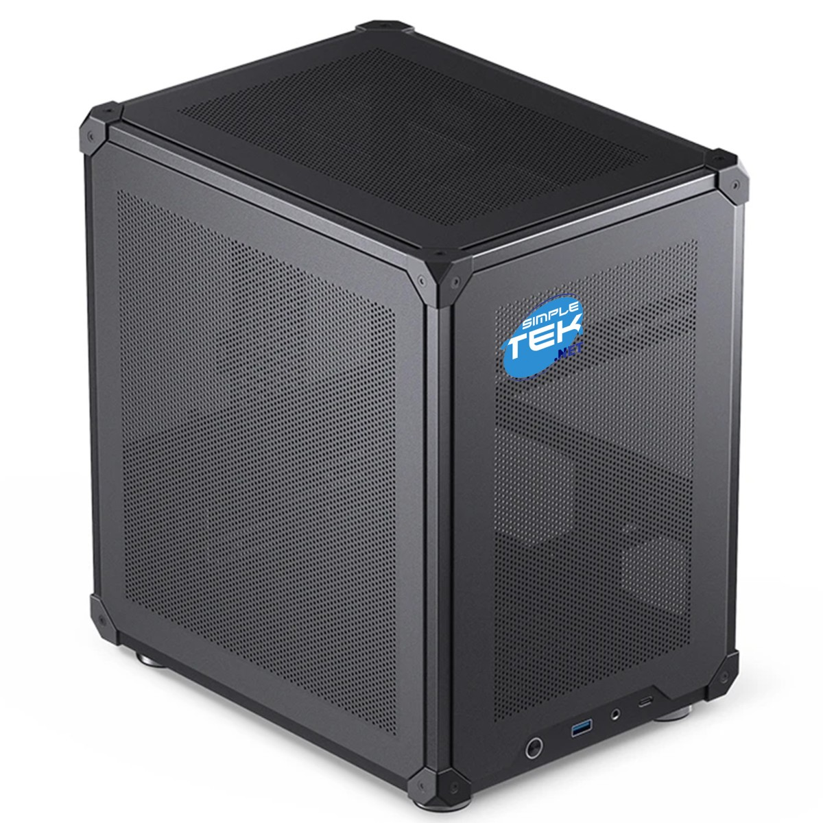 Un boîtier PC Simple Tek noir. Il possède des panneaux perforés, un panneau latéral transparent et le logo Simple Tek à l'avant.