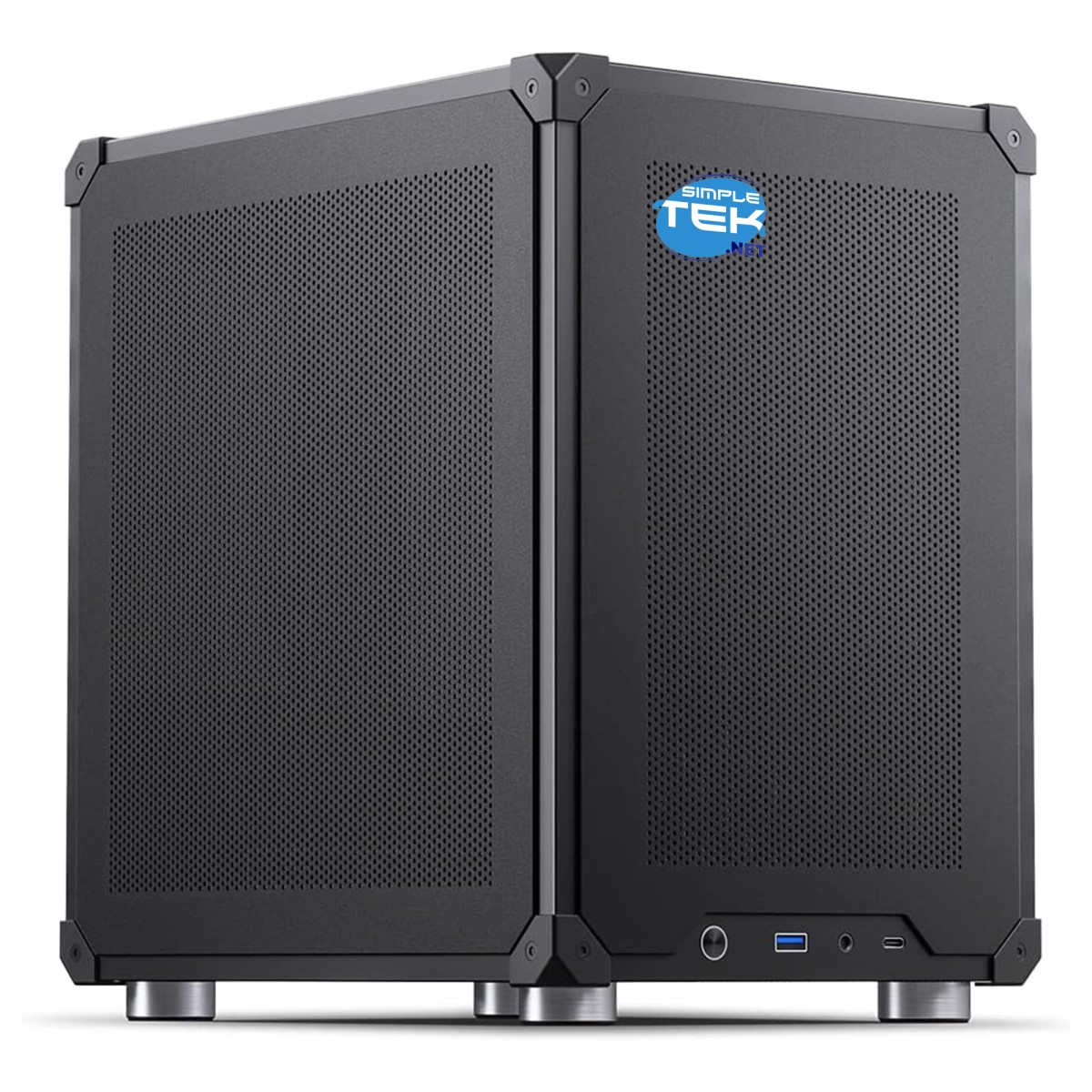 Boîtier d'ordinateur noir avec panneaux latéraux perforés, le logo Simple Tek et pieds argentés, avec USB et autres ports.