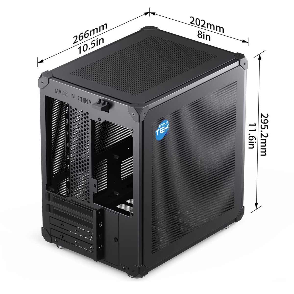Boîtier d'ordinateur noir avec dimensions étiquetées. Il a un panneau latéral perforé et un logo Simple Tek. 'Made in China' est également visible.
